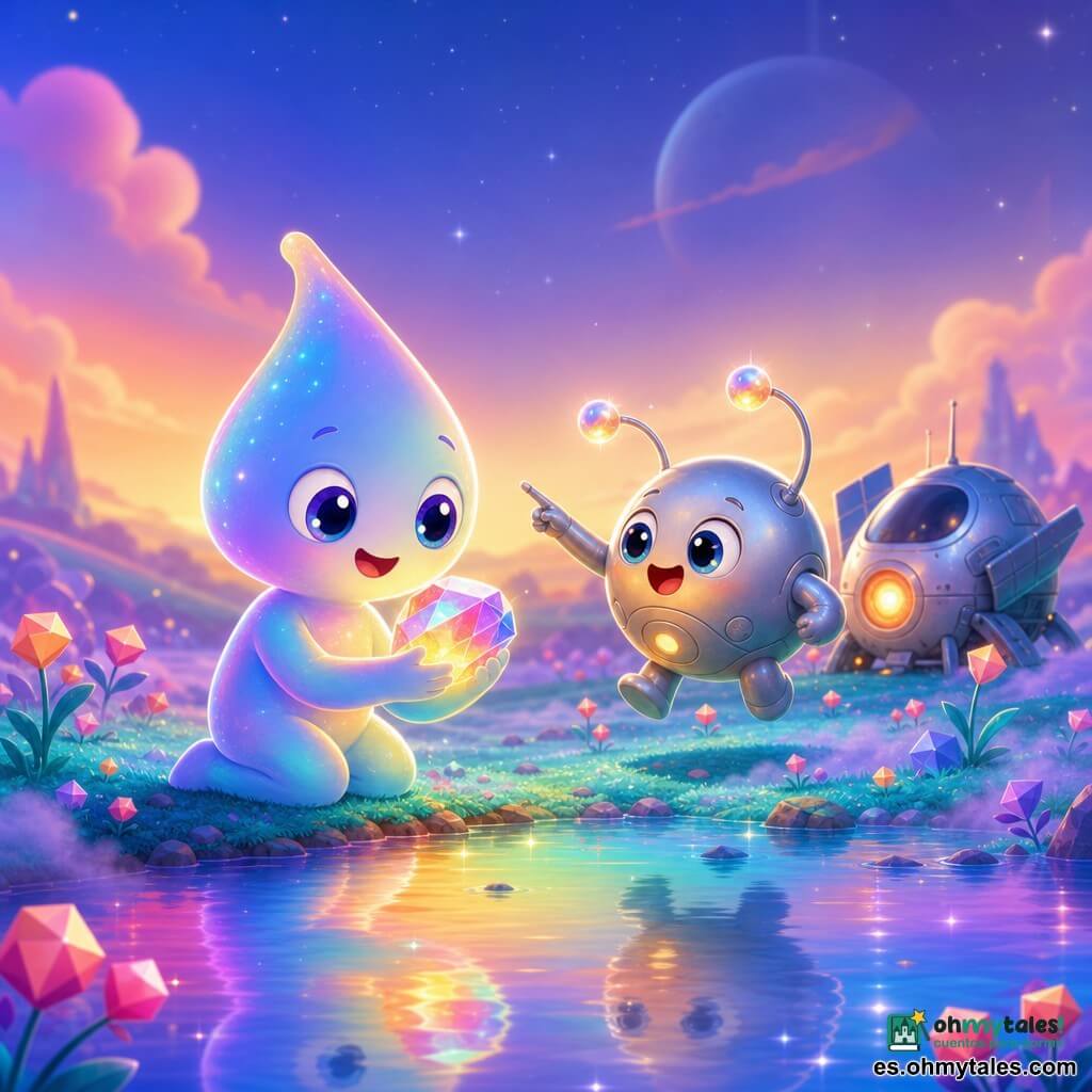Momo, un pequeño extraterrestre en forma de gota luminosa de piel iridiscente y ojos redondos brillantes, se arrodilla junto a un lago arcoíris sosteniendo una piedra brillante con manos translúcidas; a su derecha Zapi, un pequeño extraterrestre redondo con antenas relucientes y coraza metálica suave, salta y señala la piedra mientras detrás se ve una antigua lanzadera espacial plateada averiada entre la niebla; el paisaje es una llanura de hierba turquesa luminosa y flores geométricas rosas, con niebla violeta baja y el lago que refleja todos los colores, ambiente cálido de amistad y descubrimiento, colores vivos y composición centrada en ambos personajes.