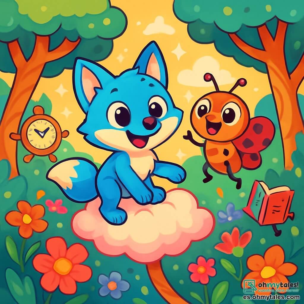 Un pequeño zorro de pelaje brillante color azul celeste, con grandes ojos chispeantes de curiosidad y una amplia sonrisa, flota alegremente sobre una suave nube en forma de algodón de azúcar. A su lado, una adorable tétra con patas juguetonas, adornada con patrones coloridos, exclama con entusiasmo, sus ojos redondos brillando de malicia. El escenario es un claro de bosque mágico, lleno de árboles con troncos en espiral y flores deslumbrantes, donde objetos animados como relojes y libros bailan a su alrededor. La escena muestra a Zapatito y Tetina divirtiéndose juntos, flotando sobre un festival colorido, rodeados de criaturas fantásticas y decoraciones brillantes.