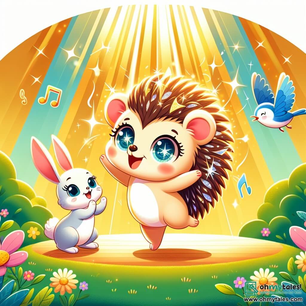 An illustration depicts a small hedgehog with shimmering quills like stars, joyfully dancing at the center of a sunny scene. Its large, bright eyes express confidence and joy, while a radiant smile lights up its face. Nearby, a large-eared rabbit with soft, creamy fur enthusiastically applauds, showing admiration and encouragement. A small bluebird perched on a branch sings cheerfully, its wings spread, conveying a sense of freedom and happiness. The main setting is a lush green meadow, bathed in golden sunlight and dotted with colorful flowers dancing in the breeze. Majestic trees frame the scene, creating a warm and welcoming atmosphere. The focal point shows the determined little hedgehog carried away by the music of nature, dancing gracefully and energetically, surrounded by friends cheering him on. Additional graphic elements include sunbeams filtering through the leaves, butterflies fluttering around, and a gentle breeze causing the grass to sway, adding a touch of magic to this moment of celebration and self-confidence.