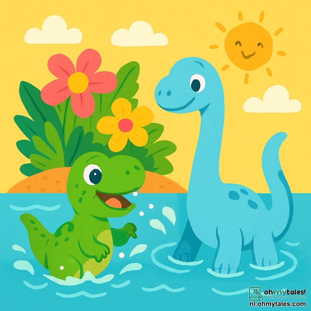 Een Tyrannosaurus Rex genaamd Tim, met glanzende groene huid en nieuwsgierige ogen, zwemt vrolijk in helderblauw water en spettert om zich heen. Naast hem speelt een Diplodocus genaamd Dino, met een lange nek en lichtblauwe huid, terwijl zijn voorpoten zachtjes de bodem raken. Op de achtergrond is een tropisch eiland met grote, kleurrijke bloemen met roze en gele bloemblaadjes die zachtjes in de wind wiegen. De lucht is zonnig met donzige witte wolken. Tim en Dino hebben samen plezier, lachend en spetterend, wat een vrolijke en vriendelijke sfeer creëert.