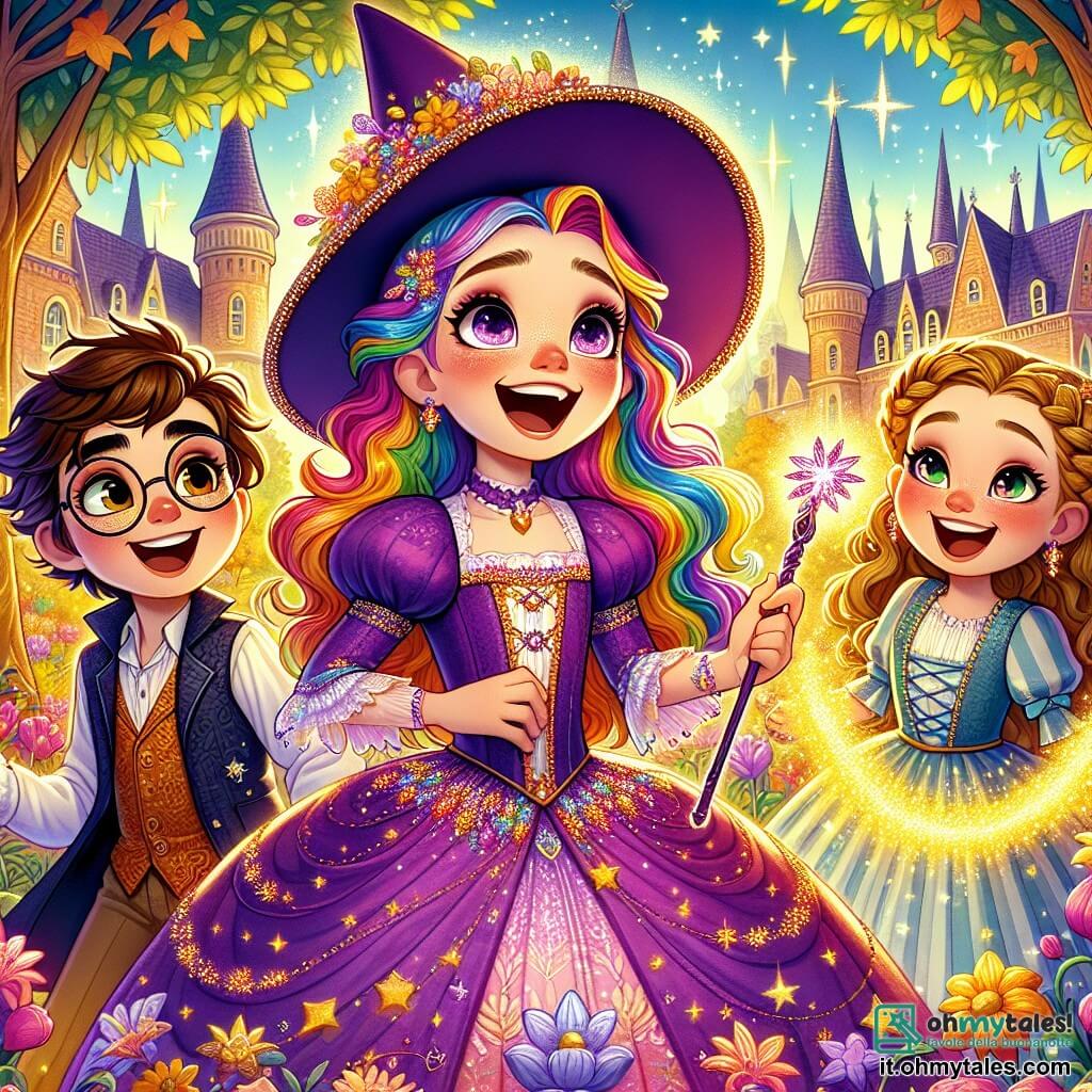 Tina, una giovane strega dai capelli colorati come un arcobaleno, è al centro dell'immagine con un grande sorriso meravigliato. Indossa un vestito viola decorato con stelle scintillanti e tiene una bacchetta magica che emette scintille luminose. Accanto a lei c'è Marco, un ragazzo di 10 anni con i capelli castani arruffati, che ride di gusto con gli occhi pieni di gioia, indossando occhiali rotondi che scivolano sul naso. Luisa, una ragazza di 9 anni con trecce dorate, racconta una barzelletta, ridendo a crepapelle con le guance rosse dall'emozione. La scena si svolge nel giardino incantato dell'Accademia delle Streghe Sorridenti, pieno di fiori colorati che danzano nel vento e grandi alberi con foglie scintillanti. Sullo sfondo, edifici magici con tetti a forma di cappelli da strega si ergono sotto un cielo blu chiaro punteggiato di nuvole soffici. Tina e i suoi amici condividono risate contagiose, circondati da scintille magiche che fluttuano intorno a loro, illustrando l'atmosfera gioiosa e incantevole della loro avventura.