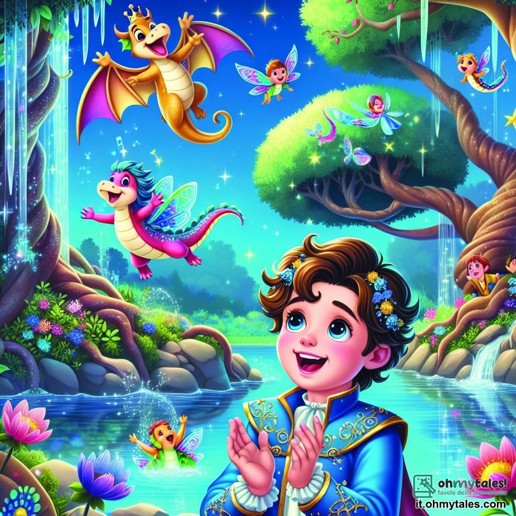 In un regno incantato, un coraggioso principe di circa 10 anni di nome Filippo si trova al bordo di un lago cristallino. Ha capelli castani ricci, occhi curiosi e indossa un mantello blu decorato con stelle dorate. Il suo viso brilla di gioia mentre ascolta la dolce melodia dei pesci cantanti. Vicino a lui, un piccolo drago divertente, Drago Buffone, con ali colorate come un arcobaleno, esegue una pirouette in aria. Il paesaggio è magico: il lago scintilla al sole, circondato da fiori danzanti e alberi dai tronchi contorti che sembrano sussurrare segreti. Filippo applaude i pesci che cantano, mentre Drago Buffone fa acrobazie nel cielo, creando un'atmosfera gioiosa e ludica, piena di risate e musica incantata.