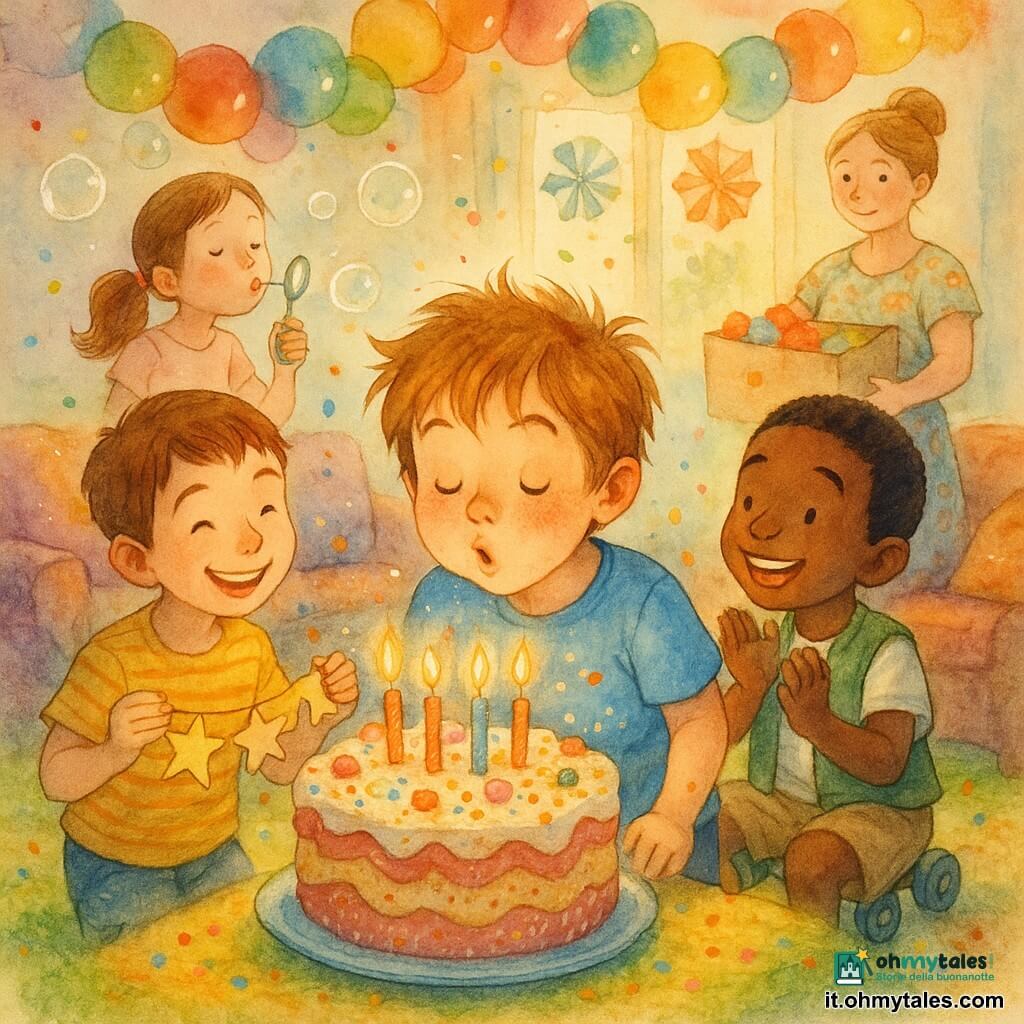 Ci sono 5 personaggi: Tommaso, 8 anni, capelli castano chiaro spettinati, maglietta celeste e pantaloncini di jeans, soffia le otto candeline su una grande fetta di torta in primo piano; Luca, 8 anni, capelli castani corti, camicia a righe gialle, tiene una ghirlanda di stelle di carta e sorride a sinistra di Tommaso; Samir, 8 anni, pelle olivastra, capelli neri corti, gilet verde, applaude a destra di Tommaso vicino alle sue piccole macchinine a rotelle; Lucia, 7 anni, capelli lunghi castani raccolti in coda, vestito rosa pallido, dietro Tommaso soffia bolle di sapone; la mamma di Tommaso, circa 35 anni, capelli biondi raccolti, vestito a fiori, tiene una scatola di decorazioni e osserva i bambini con tenerezza vicino a una finestra. Ambientazione: un piccolo salotto trasformato in "sala magica" con tappeto colorato come prato, divani coperti di tessuti scintillanti, tavolini impilati a mo' di montagne di dolci, finestre decorate, ghirlande di palloncini colorati e luce serale morbida che filtra dalla finestra con riflessi caldi e ombre acquerellate. Situazione: festa di compleanno intima e gioiosa con Tommaso che soffia le candeline su una grande torta, coriandoli e bolle di sapone nell'aria, bambini ridenti vicini al dolce; composizione centrata, espressioni allegre e texture acquerello con leggere scosse di colore per enfatizzare la magia.