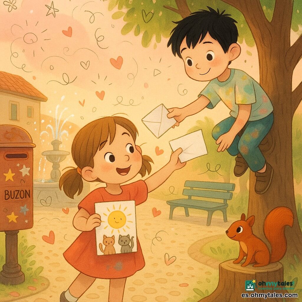 Niña de 6 años, rostro redondo y mejillas rosadas, cabello castaño claro en coletas, mirada alegre, sostiene una carta blanca con un dibujo de sol y dos gatos mientras sonríe y extiende la mano para besar a una amiga; niño (Lolo) de unos 6 años, cabello negro despeinado, ropa colorida con manchas de tiza, expresión tímida y traviesa, está en una rama baja a la derecha de la niña pasándole otra carta; una ardilla de pelaje rojizo está sobre una toconera cercana mirando hacia el sendero de grava; plaza de pueblo en primavera con suelo empedrado de pequeñas piedras redondas, fuente de piedra, un viejo buzón metálico cubierto de pegatinas de estrellas, un gran árbol de follaje suave, un banco de madera pintado de azul y pétalos/confeti en forma de corazón flotando en el aire; escena principal: intercambio de cartas de San Valentín junto al buzón y el árbol al atardecer rosado, ambiente tierno y alegre con garabatos de corazones, flechas y estrellas superpuestos.