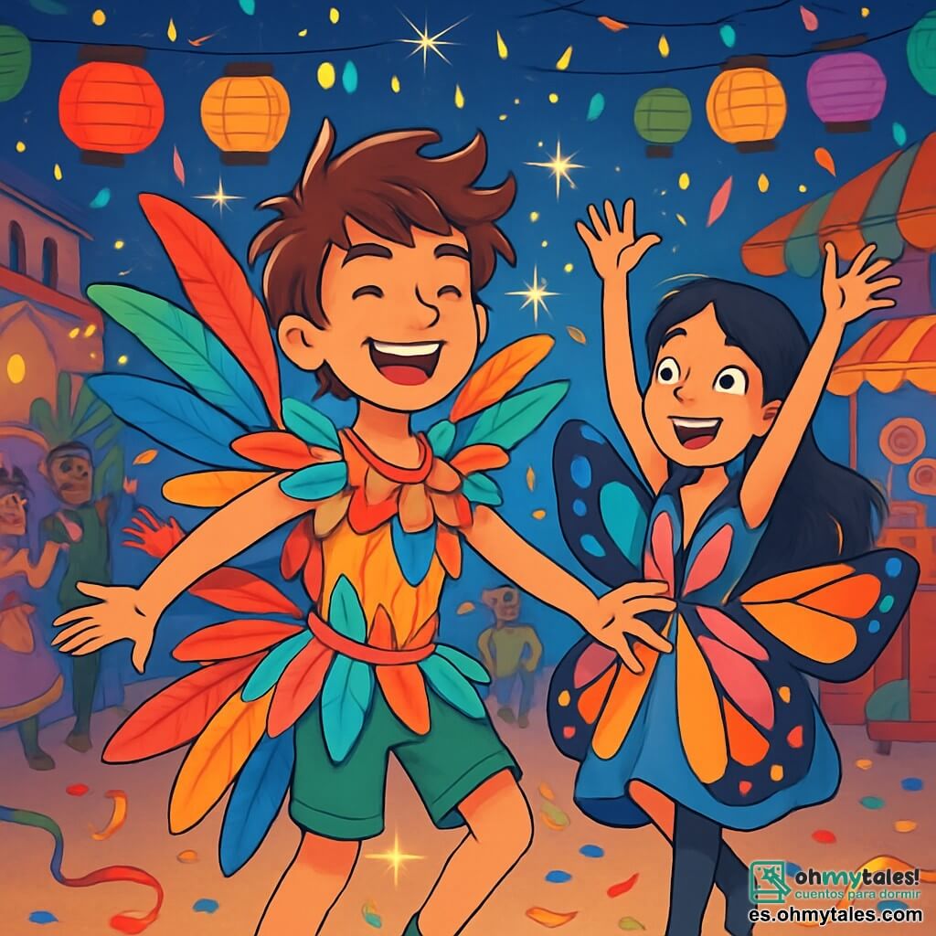Un niño de 12 años, Joaquín, con cabello castaño desordenado y ojos brillantes de curiosidad, lleva un disfraz de carnaval brillante, adornado con plumas multicolores. Baila alegremente en el centro del escenario, con una amplia sonrisa iluminando su rostro, mientras destellos de luz brillan a su alrededor. A su lado, una niña de su edad, Luna, con largos cabellos negros y un vestido de mariposa de colores vivos, lo anima entusiastamente, con los brazos levantados hacia el cielo. El decorado es una plaza de carnaval vibrante, llena de farolitos de colores, confeti flotante y puestos de golosinas. La situación principal muestra a Joaquín y Luna celebrando la victoria sobre los Sombríos, rodeados de risas y música, encarnando la alegría y la magia del Carnaval Eterno.