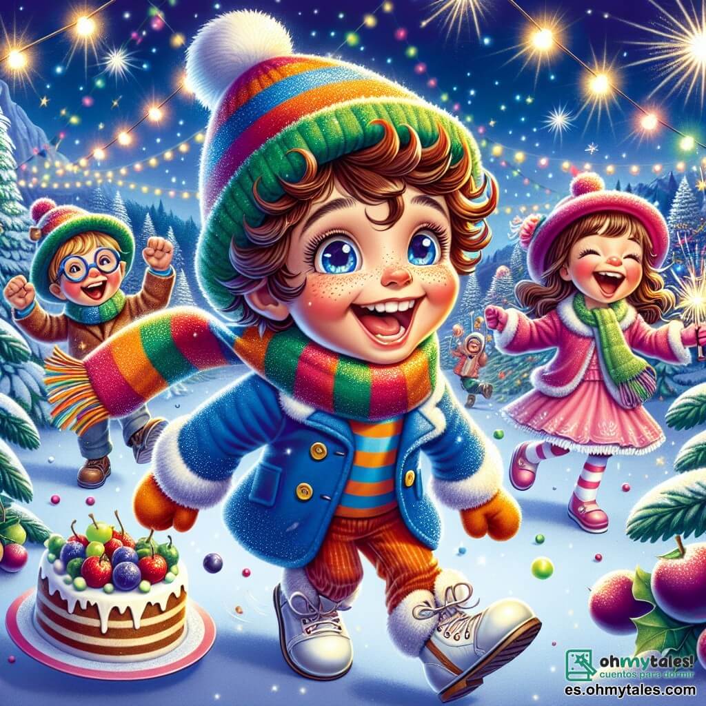 Un niño de 5 años, llamado Tomás, con cabello rizado y ojos brillantes, está en el centro de la imagen. Lleva un abrigo azul brillante, un gorro rojo y una bufanda de rayas coloridas. Su rostro está iluminado por una gran sonrisa, expresando una alegría desbordante mientras baila y come uvas. A su lado, Clara, una niña de 6 años con cabello largo y liso, lleva un vestido rosa y botas blancas. Ella ríe imitando los movimientos de Tomás, con los brazos en alto, llena de energía. Otro niño, Miguel, de 5 años, con gafas redondas y un gorro verde, está haciendo malabares con pasteles, riendo a carcajadas. La escena ocurre en una estación de esquí mágica, donde copos de nieve caen suavemente, pinos nevados rodean la fiesta y luces coloridas brillan a su alrededor, creando una atmósfera festiva. La situación principal muestra a Tomás y sus amigos celebrando el Año Nuevo, bailando alegremente, contando hacia atrás antes del nuevo año, mientras degustan uvas y se divierten juntos bajo un cielo estrellado iluminado por fuegos artificiales brillantes.