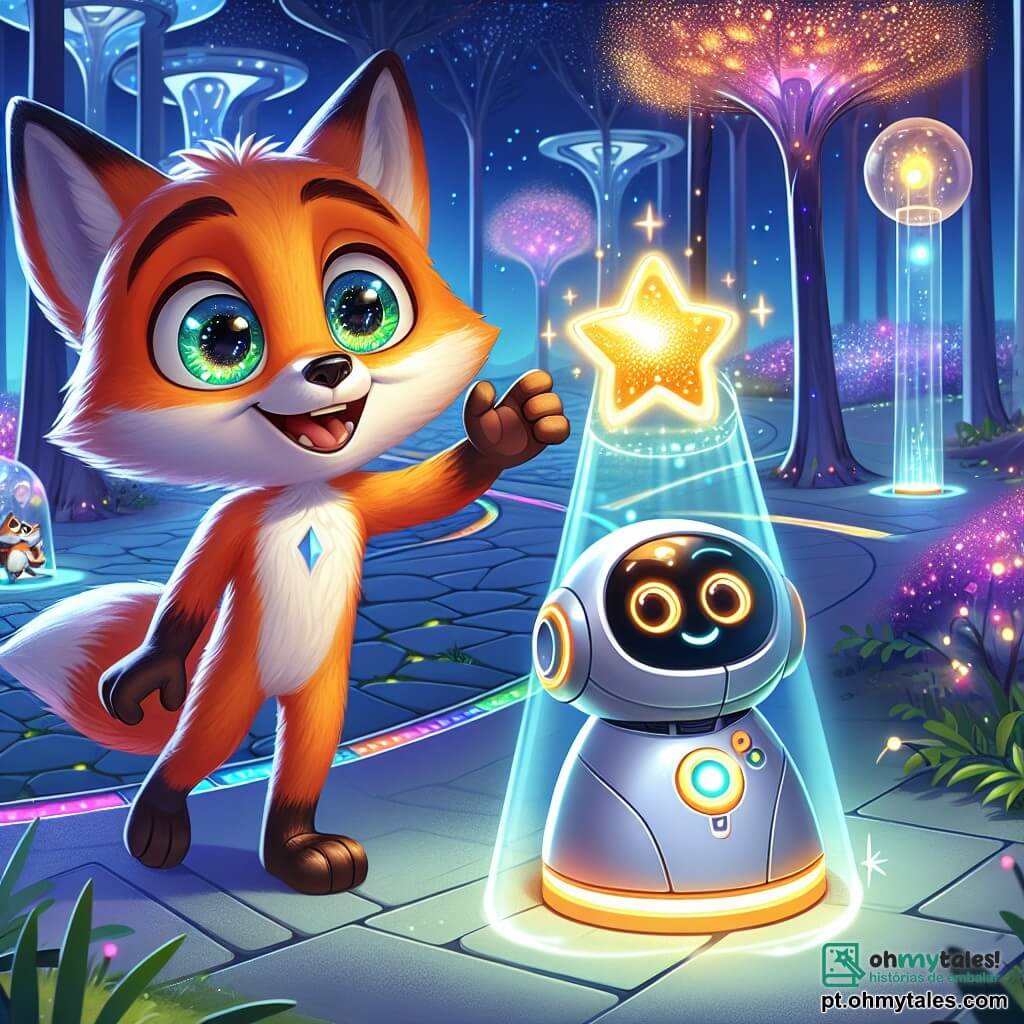 Um raposo travesso e curioso, chamado Léo, com um pelo laranja vivo e olhos brilhantes de alegria, segura um pequeno dispositivo brilhante em forma de estrela em suas patas, exibindo uma expressão de admiração. Ao seu lado, um robô assistente de formas arredondadas, com uma superfície prateada e olhos luminosos, observa Léo com um sorriso amigável, mostrando uma expressão de excitação e incentivo. A cena acontece em um parque futurista, com árvores bioluminescentes de folhas cintilantes, caminhos de luz colorida e estruturas de vidro flutuando no ar, criando uma atmosfera mágica. Léo ativa o Cometa, um aparelho que emite luzes suaves, enquanto uma projeção holográfica aparece, revelando uma mensagem de outro mundo, preenchendo o ar com uma aura de aventura e descoberta.