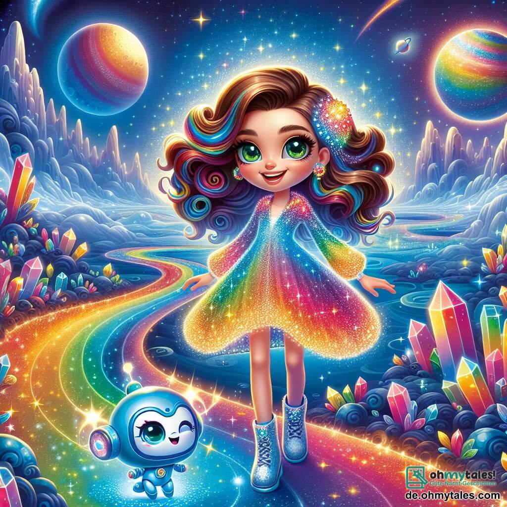 Eine junge Frau namens Lira mit langen, lockigen Haaren und strahlend grünen Augen steht lächelnd im Mittelpunkt des Bildes. Sie trägt einen wunderschönen, schimmernden Mantel in Regenbogenfarben, der im Sternenlicht glänzt. Neben ihr schwebt ein kleiner, runder, blauer Roboter namens Fizz mit leuchtenden Augen und einem fröhlichen Lächeln, der der Szene einen Hauch von Magie verleiht. Im Hintergrund entfaltet sich eine fantastische Landschaft eines bunten Universums mit riesigen, leuchtenden Planeten, silbernen Lichtflüssen und funkelnden Kristallbergen unter einem sternenklaren Himmel. Lira und Fizz stehen vor einem großen, leuchtenden Portal, das mit strahlenden Farben wirbelt und den Eingang zum geheimnisvollen Königreich der Sterne symbolisiert. Sie sind bereit für ein magisches Abenteuer voller Entdeckungen und Freude.