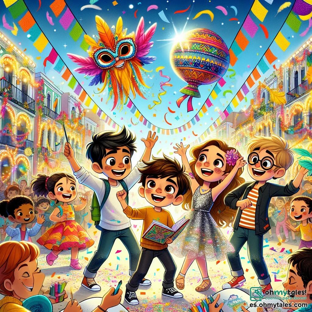 En una calle animada de la ciudad de Colorín, cuatro amigos están juntos, rodeados de colores brillantes y decoraciones festivas. Lucas, un niño de ocho años con cabello castaño alborotado y una sonrisa radiante, lleva una máscara colorida y baila alegremente en el centro de la imagen. A su derecha, Sofía, una niña de cabello largo y rubio, vestida con un vestido brillante, crea disfraces imaginarios con plumas y purpurina que flotan a su alrededor. A la izquierda, Mateo, un niño travieso de cabello negro, hace reír a un grupo de niños con una mueca divertida, mientras que Diego, un niño con gafas redondas y cabello castaño, escucha atentamente las historias de los transeúntes, con un cuaderno en la mano. El decorado está lleno de carros coloridos, guirnaldas luminosas y confeti que vuela en el aire, creando una atmósfera festiva y alegre. El cielo es de un azul brillante y el sol brilla sobre esta escena mágica. La situación principal muestra a los amigos, unidos por la magia del carnaval, compartiendo risas y alegría, mientras la música resuena a su alrededor, ilustrando el espíritu de amistad y fiesta que reina en la ciudad.