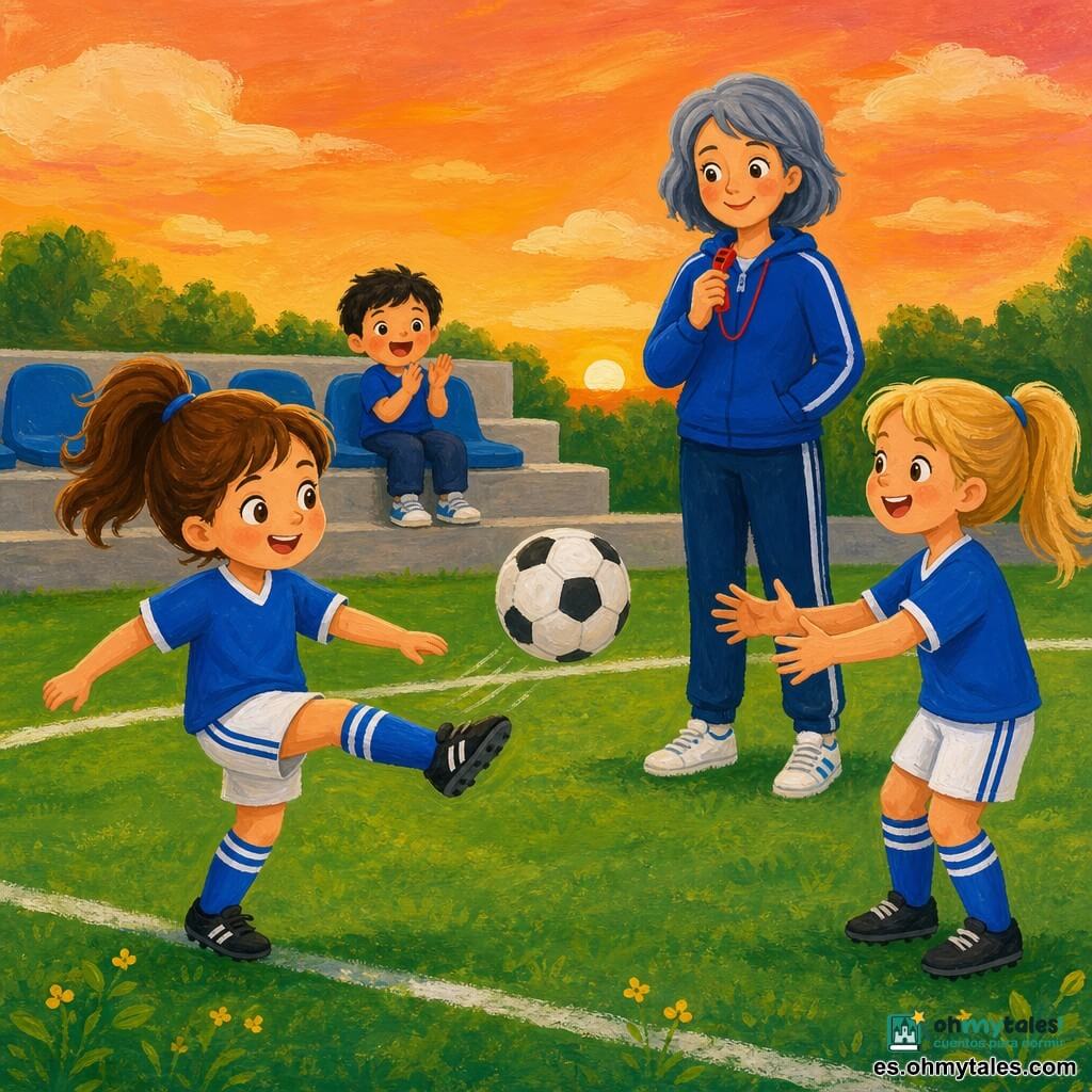 Una niña llamada Luna, sonriente y concentrada, con coleta castaña, lleva camiseta azul, pantalones cortos blancos y calcetines a rayas; controla suavemente un balón de fútbol con el pie izquierdo y da una pase tierno mientras otra niña rubia de unos 8 años, riendo, se prepara a recibirlo; un niño de unos 4 años en las gradas aplaude y la entrenadora de unos 35 años, con pelo corto grisazul y un silbato rojo, observa sonriendo; césped verde bien cuidado, flores amarillas al borde y cielo al atardecer naranja, ambiente cálido, colores saturados y formas simples para niños pequeños.