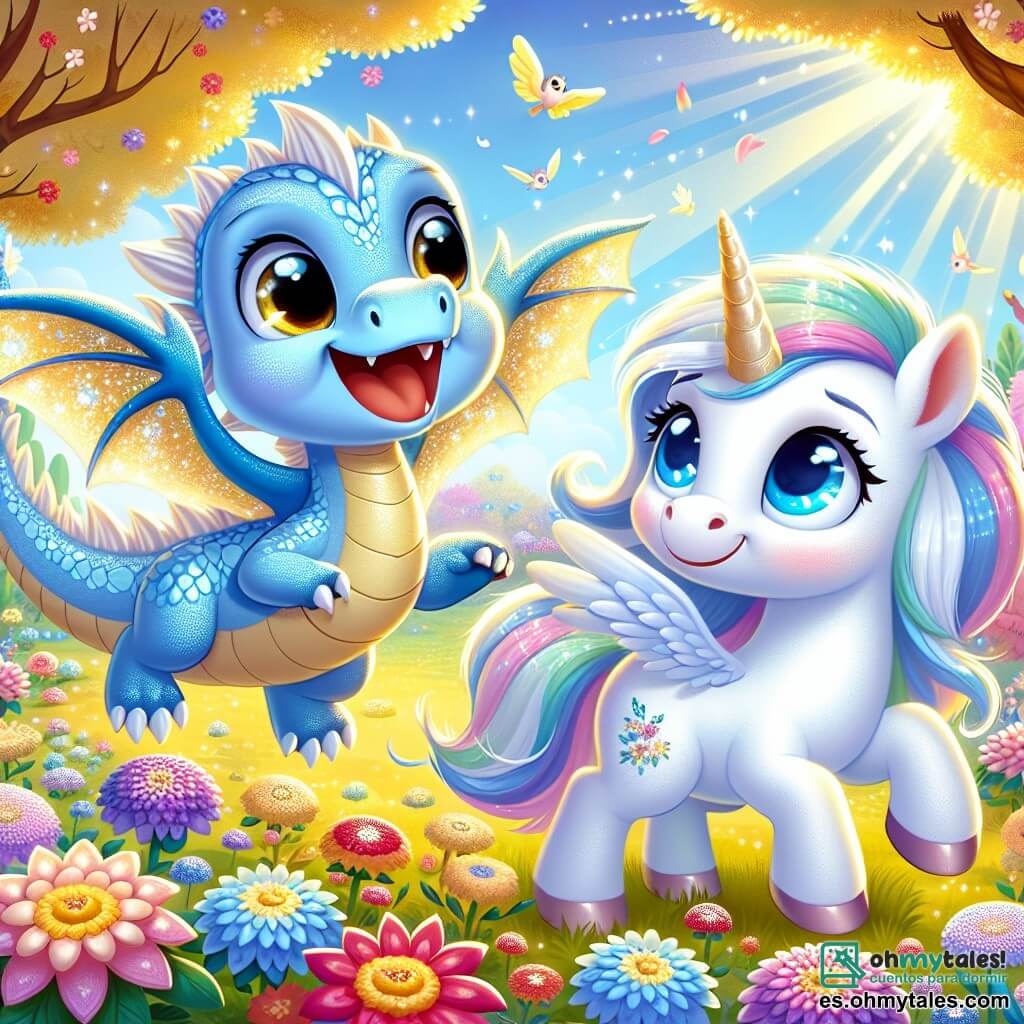 En un jardín encantado, un pequeño dragón llamado Lila, con escamas azul claro brillantes como el cielo, vuela alegremente en el aire, sus ojos chispeantes de curiosidad y emoción. Sonríe ampliamente, sus alas translúcidas brillan bajo el sol. Junto a ella, un adorable unicornio llamado Estrella, con pelaje blanco brillante y melena de arcoíris, trota con entusiasmo, sus ojos brillando de felicidad. Ella levanta la cabeza hacia Lila, animando a su amiga con una mirada cómplice. El jardín está lleno de flores coloridas, árboles majestuosos con hojas doradas, y un suave rayo de sol ilumina la escena, creando una atmósfera mágica. Lila y Estrella están listas para ayudar a un pequeño pájaro que ha caído de su nido, preparándose para desplegar sus alas y unir fuerzas en esta hermosa misión.