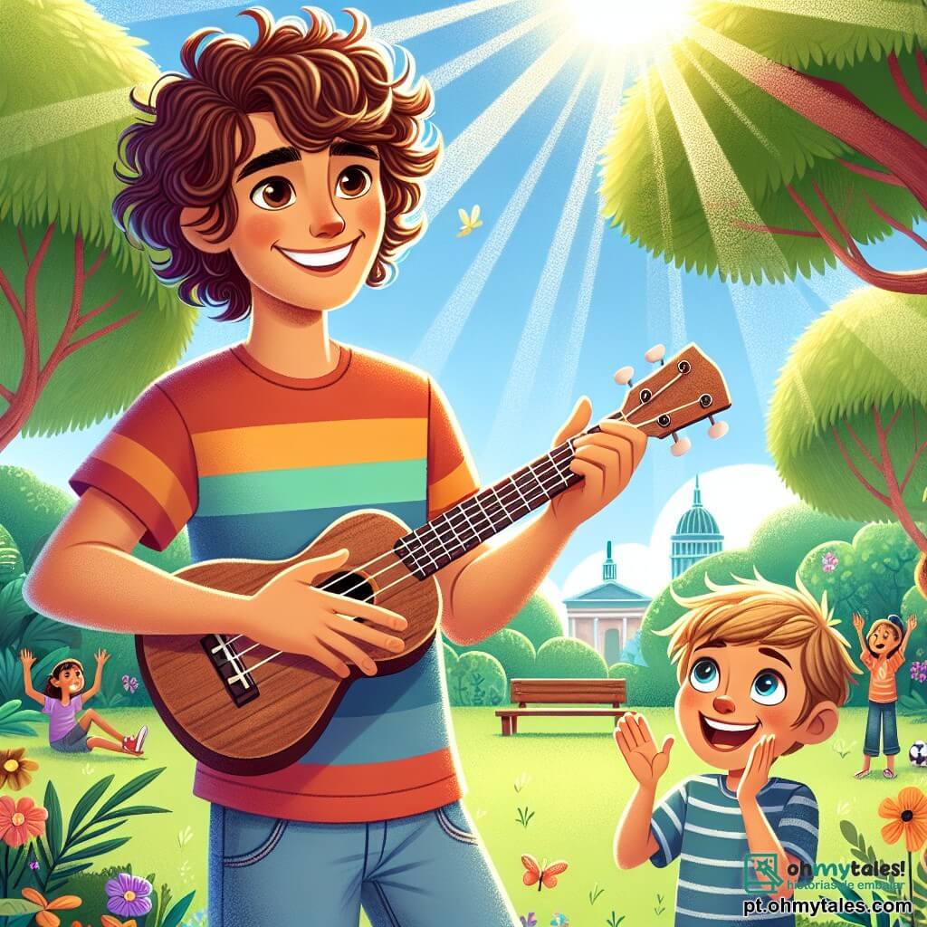 Um jovem chamado João, sorridente e entusiasmado, toca ukulele em um parque ensolarado. Ele tem cabelos castanhos e cacheados, usa uma camiseta colorida e um short jeans, e seus olhos brilham de alegria enquanto cria uma melodia alegre. Ao seu lado, Pedrinho, um garoto de 8 anos, com cabelos loiros e olhos brilhantes, aplaude entusiasticamente. Ele veste uma camiseta listrada e um short, e está de pé, com os braços levantados, pronto para cantar. O parque é verdejante, com árvores majestosas, flores coloridas e um céu azul radiante. Crianças brincam ao fundo, e um pequeno banco de madeira é visível perto deles. João e Pedrinho estão criando uma canção juntos, cheios de energia e criatividade, compartilhando um momento mágico de música e amizade sob o sol radiante.