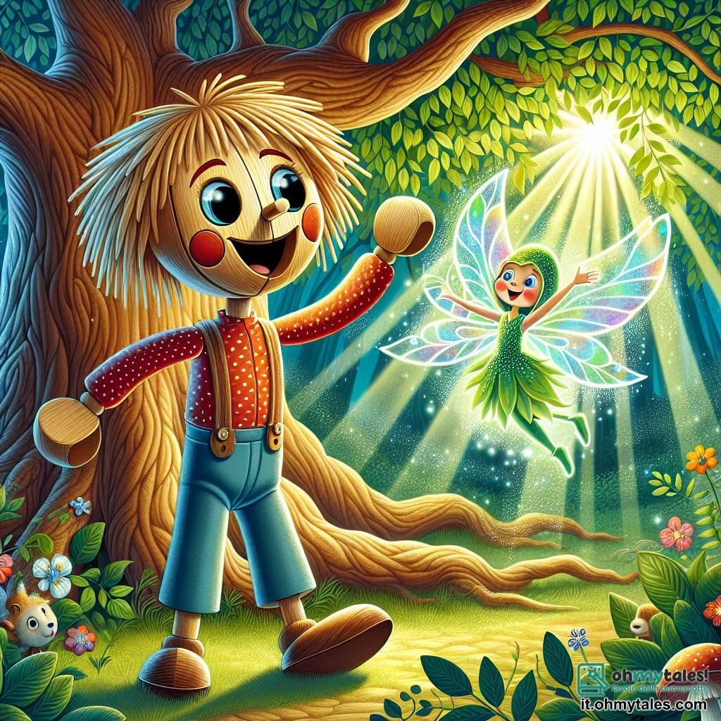 Pinocchio, un piccolo burattino di legno, con un sorriso gioioso e occhi scintillanti di curiosità, si trova al centro della scena. Ha capelli di paglia, un naso leggermente allungato e indossa una camicia rossa a pois bianchi e pantaloni blu. Sta danzando felicemente, con le braccia alzate, circondato da foglie verdi scintillanti. Accanto a lui, Lumina, un piccolo folletto luminoso, fluttua nell'aria. Ha ali trasparenti che brillano di mille colori e il suo viso è radioso di gioia. Vola intorno a Pinocchio, incoraggiandolo a giocare. Sullo sfondo, l'Albero della Saggezza, un albero maestoso con radici spesse e un tronco nodoso, si erge verso il cielo. I suoi rami sono carichi di foglie verdi brillanti e i raggi di sole filtrano attraverso il fogliame, creando un'atmosfera magica. La scena si svolge in una radura incantata, circondata da fiori colorati e animali curiosi che osservano con interesse. Pinocchio e Lumina celebrano la bellezza della natura, danzando e ridendo insieme, mentre gli alberi malati ricominciano a ritrovare il loro splendore grazie alla loro determinazione a proteggere l'ambiente.