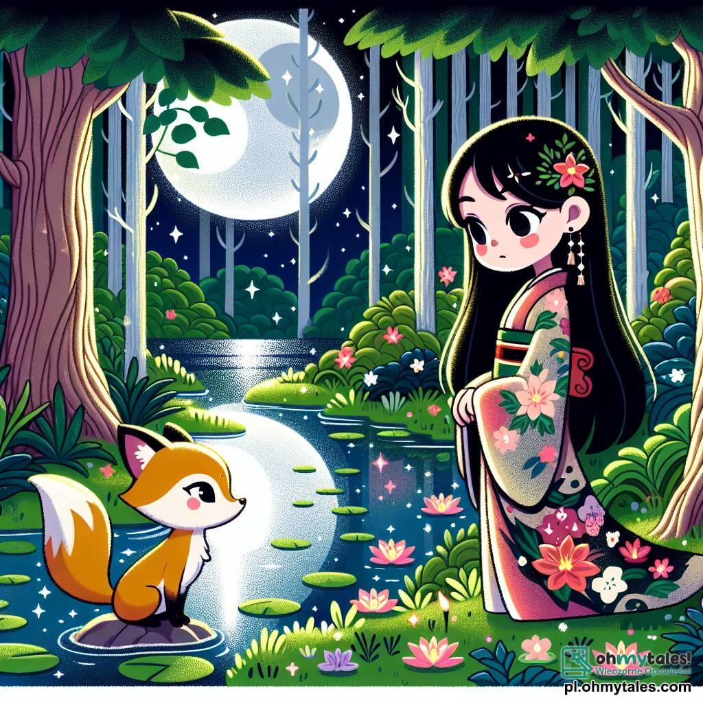 Aiko, młoda kobieta w wieku około 20 lat, stoi nad magicznym jeziorem, jej długie czarne włosy delikatnie powiewają na wietrze. Ma na sobie tradycyjny kimono w kolorowe kwiatowe wzory, a jej twarz wyraża determinację połączoną z ciekawością. Jej oczy błyszczą zachwytem, gdy obserwuje lśniącą powierzchnię wody. W pobliżu, stary złoty lis, mądry duch lasu, stoi na kamieniu, jego figlarne i mądre oczy są skierowane na Aiko. Wydaje się gotowy, by udzielić jej rad, jego futro lśni w blasku księżyca. Miejsce to zaczarowana polana, otoczona majestatycznymi drzewami o grubych pniach i jaskrawozielonych liściach. Światło księżyca odbija się w jeziorze, tworząc srebrzyste refleksy tańczące na spokojnej wodzie. Kolorowe kwiaty lotosu unoszą się z gracją na jeziorze, dodając magii do sceny. Aiko, stojąc nad jeziorem, zamyka oczy i słucha delikatnego i melodyjnego głosu wody, gotowa odkryć prawdę o swoich najgłębszych pragnieniach.