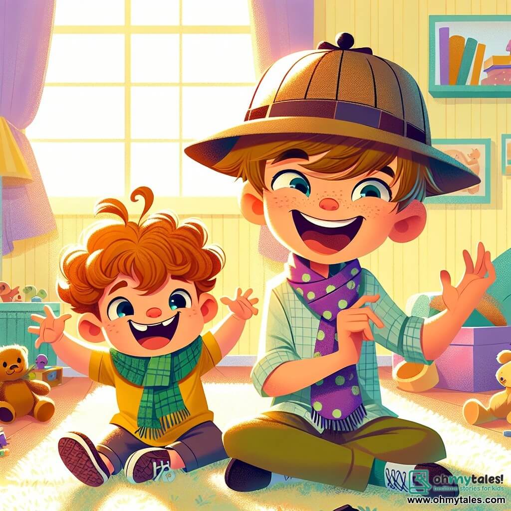 A 6-year-old boy named Max, with messy brown hair and sparkling mischievous eyes, is wearing a large detective hat. He is sitting on the floor, laughing heartily with a big joyful smile. Next to him is his 3-year-old brother Leo, with curly hair and chubby cheeks, wearing a green scarf with purple polka dots that makes him even cuter. Leo is doing a funny crab dance, arms outstretched, with a playful look. The scene takes place in a bright living room with pastel yellow walls, a fluffy rug, and toys scattered around. Sunbeams filter through the window, filling the room with a soft golden light. The two brothers are playing "The No Laughing Challenge," trying to stay serious while making funny faces at each other. The atmosphere is filled with joy and laughter, capturing the playful spirit of their brotherly relationship.