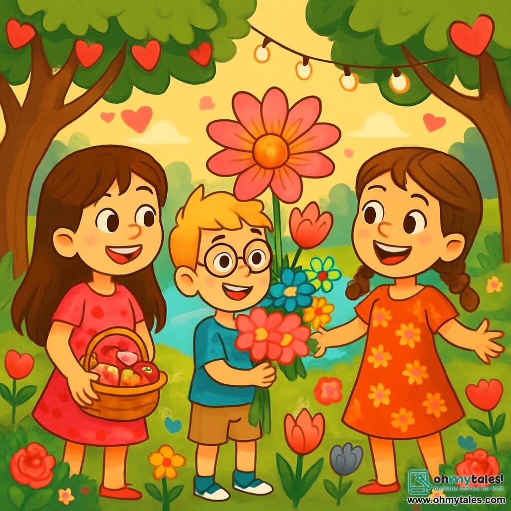 There are three characters: Lucy, a 10-year-old girl with long brown hair and sparkling eyes, wearing a pink dress with heart patterns and holding a basket full of treats. She stands on the left, smiling and full of enthusiasm. Max, a 10-year-old boy with messy blonde hair and round glasses, wears a blue t-shirt and beige shorts, holding a large bouquet of colorful flowers. He is in the center, excitedly looking at Lucy and Emily. Emily, a 10-year-old girl with brown hair in braids, wears a red dress with floral patterns and has a big smile. She is on the right, arms open, amazed by the surprise her friends have for her. The main setting is a charming riverside corner, surrounded by heart-shaped trees shimmering in the sunlight, with colorful flowers, including roses and tulips, scattered on the green ground. Twinkling light garlands hang from the branches, creating a magical and festive atmosphere. The main situation shows Lucy and Max presenting Emily with the magnificent "Heart of Delight," a vibrant flower with pink and golden petals symbolizing their friendship. The three friends are gathered in a joyful atmosphere, surrounded by Valentine's decorations, ready to celebrate their special bond.
