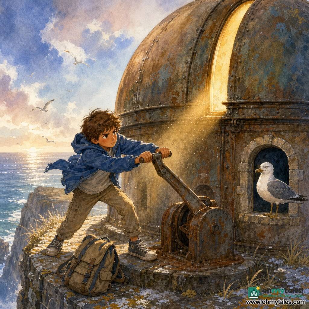 A boy, Milo, about 10, expressive face, messy brown hair, determined and slightly awed with a furrowed brow, both hands on a large rusty metal lever pushing with effort, legs apart, wearing a blue windbreaker and a canvas backpack at his feet; a gray-and-white seagull with a stern, comical look perches on a nearby windowsill watching like a little maritime judge; on a stone platform atop a steep cliff stained with salt and lichen stand weathered metal domes, the sea glinting silver on the horizon and a breeze lifting grasses and clothing; Milo operates the lever of an old observatory as the dome begins to turn, a golden slit of light opens and a sunbeam cuts through suspended dust, evoking a calm, brave sense of discovery.