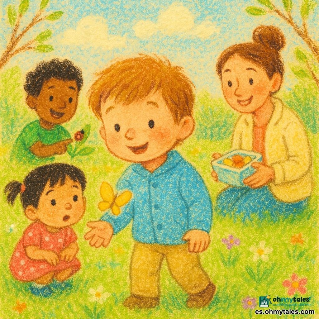 Un niño de 4 años, Lucas, con pelo castaño claro en mechones, mejillas redondas y piel clara con pecas de sol, sonríe con ojos grandes mientras extiende la mano hacia una pequeña mariposa amarilla; a su izquierda, Sofía, de unos 4 años, con dos coletas y vestido rosa con lunares blancos, se agacha mirando la mariposa con asombro; detrás de Lucas está Mateo, unos 5 años, cabello rizado oscuro y camiseta verde, señalando una mariquita roja en una hoja; a la derecha, la madre de Lucas, mujer de ~30 años con cabello castaño recogido y chaqueta crema, sonríe sosteniendo una caja de frutas; escena en un parque primaveral luminoso con césped verde, flores pequeñas y árboles de hojas tiernas, cielo azul pálido y una atmósfera suave en tonos pastel con textura de pastel graso y contrastes suaves.