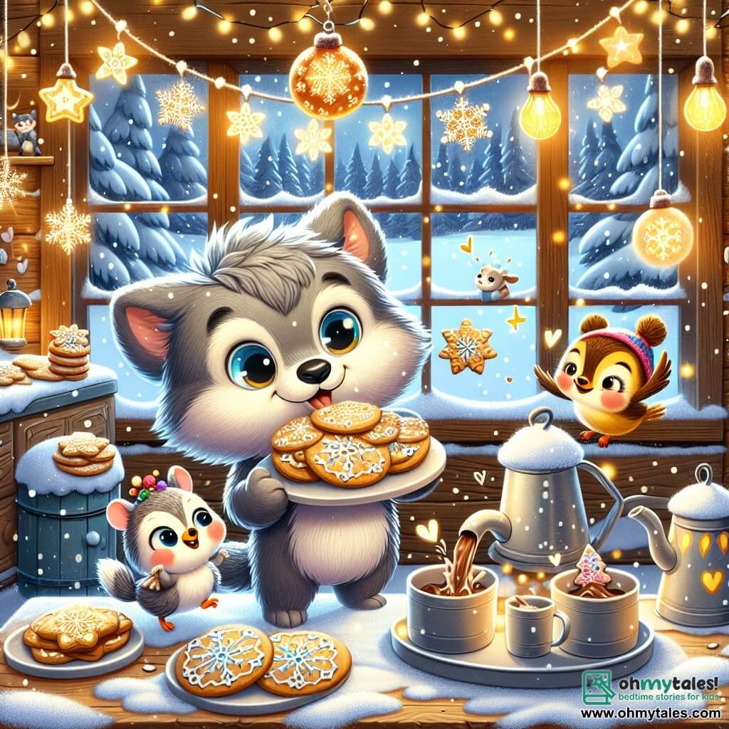 In the center of the image, Little Wolf, a young wolf with sparkling eyes and soft gray fur, joyfully smiles while holding a large plate of snowflake-shaped cookies. He is surrounded by gently falling snowflakes, adding a magical touch to the scene. To his right, Birdie, a small colorful bird with yellow and blue feathers, happily flies while holding a string of twinkling lights in her paws, looking excited and humming cheerfully. To the left, Squeaky, a small brown mouse with round, bright eyes, is pouring hot chocolate into cups, her face beaming with happiness and concentration. The setting is a cozy wooden kitchen, decorated with string lights and snowflakes hanging on the walls. A large window reveals a snowy landscape outside, with snow-covered pine trees. The main scene shows Little Wolf and his friends preparing for their New Year's party, surrounded by delicious treats and decorations, ready to celebrate together in a festive and joyful atmosphere.