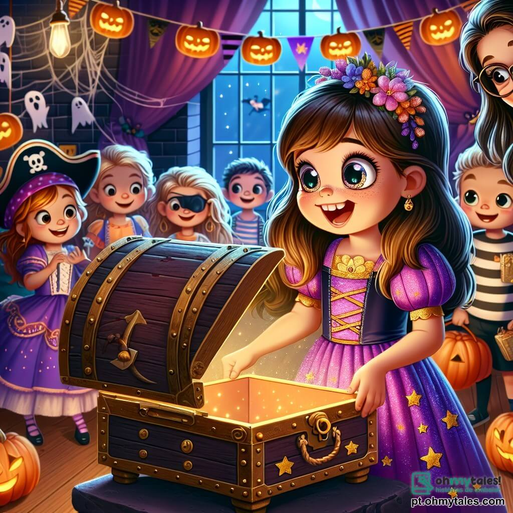 Uma menina de 6 anos, Sofia, com longos cabelos castanhos e olhos brilhantes de curiosidade, usa um vestido de bruxinha roxo decorado com estrelas douradas. Ela sorri maravilhada ao descobrir um velho baú misterioso em sua sala de aula decorada para o Halloween. Ao seu lado, a professora, uma mulher de cerca de 30 anos com óculos e cabelo castanho preso, sorri de forma cúmplice, segurando decorações de Halloween. No fundo, colegas de classe, um menino de 6 anos vestido de pirata e uma menina de 5 anos de princesa, observam animados, ansiosos para ver o que há no baú. A cena acontece em uma sala de aula colorida, cheia de decorações de Halloween: teias de aranha, abóboras sorridentes e fantasmas de papel flutuando no teto. A luz suave cria uma atmosfera misteriosa e encantadora. Sofia, cheia de entusiasmo, abre o baú e descobre o traje mágico que os levará a uma aventura incrível, enquanto seus amigos a cercam, fascinados pelo mistério que os aguarda.
