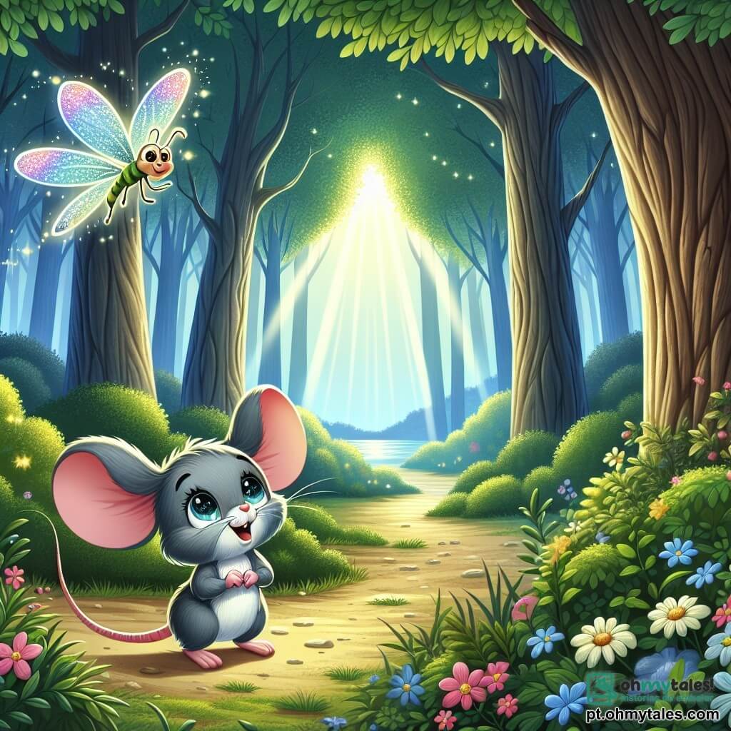 Uma pequena ratinha chamada Lili, com pelagem cinza suave e olhos brilhantes de curiosidade, está à beira de um caminho em uma floresta encantada. Ela parece deslumbrada, com suas grandes orelhas em pé e um sorriso radiante. Perto dela, uma alegre libélula de asas cintilantes e multicoloridas voa ao seu redor, adicionando um toque de magia à cena. A floresta está cheia de árvores majestosas com troncos grossos e folhas verdes brilhantes, enquanto flores coloridas salpicam o chão. Ao longe, um raio de sol penetra pelas ramas, iluminando o caminho. Lili, intrigada, se aproxima de um arbusto onde ouviu um sussurro misterioso, pronta para descobrir o segredo que a aguarda.