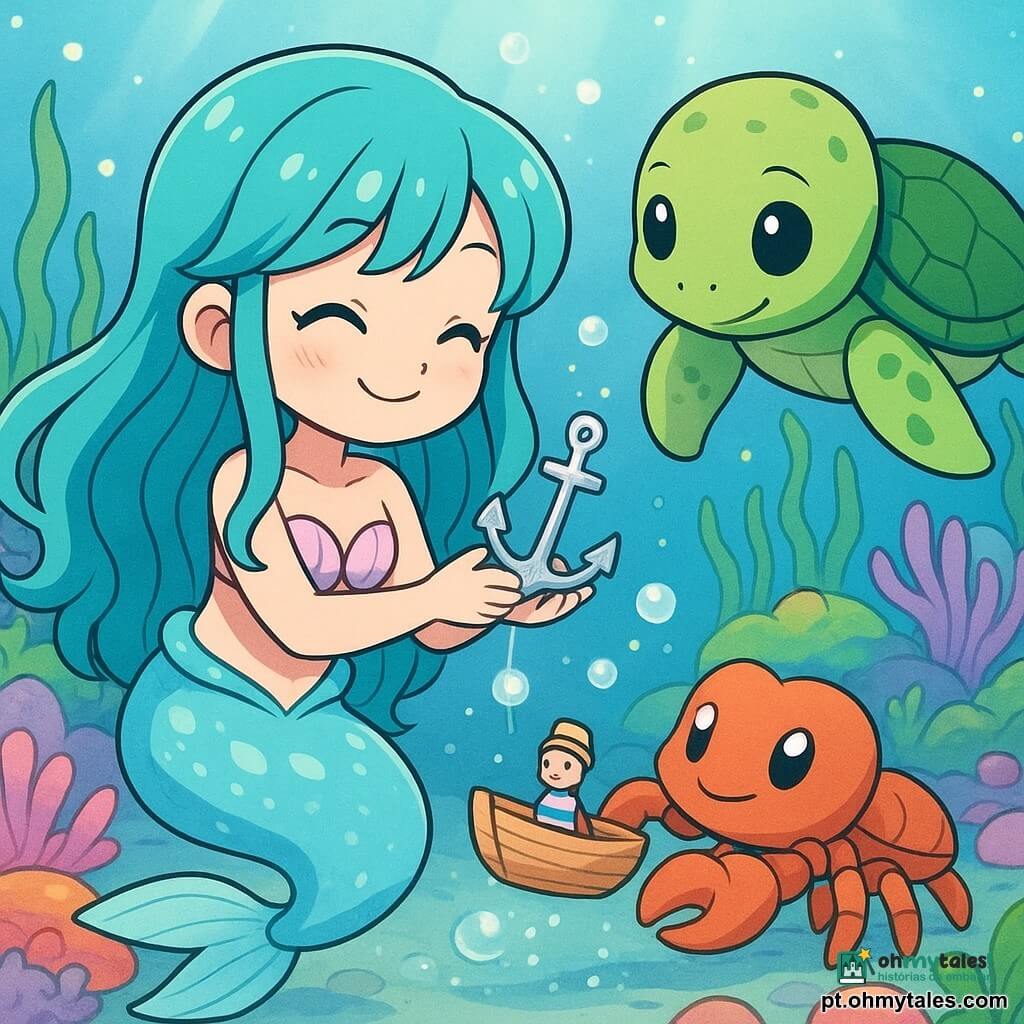 Luma, uma pequena sereia infantil, sorri concentrada com cabelo turquesa e cauda azul‑celeste perolada, segurando delicadamente uma pequena âncora prateada; Pola, uma tartaruga verde e amável, flutua atrás observando; um caranguejo laranja avermelhado de pinças desajeitadas ajuda a apoiar um minúsculo barco de madeira com um boneco marinheiro; cena num jardim submarino colorido — rochas arredondadas, anémonas rosa e violeta, algas verdes ondulantes e pequenas águas‑vivas luminosas — mostrando o momento sereno em que Luma encaixa a âncora no barco, com bolhas prateadas subindo e luz azul‑quente filtrando de cima, estilo mangá infantil, cores pastel vivas, traços suaves e contornos nítidos, atmosfera alegre.