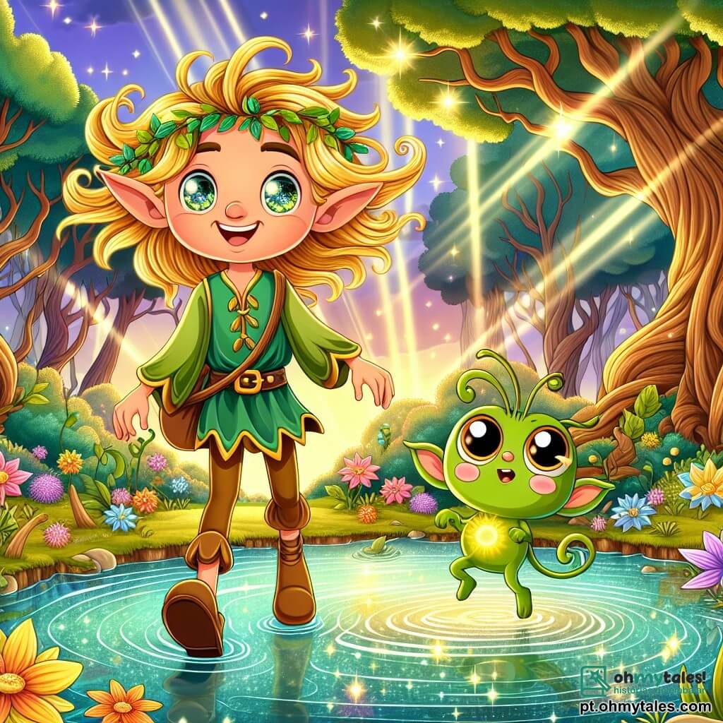 Um elfo alegre, chamado Lúmi, está à beira de um lago cintilante, com cabelos dourados flutuando ao vento e olhos brilhantes como estrelas. Ele usa uma túnica verde adornada com folhas e sorri entusiasticamente, pronto para ajudar seu amigo. Ao seu lado, um pequeno sapo verde, com grandes olhos redondos e uma expressão preocupada, salta na margem, buscando sua voz mágica perdida. O Lago das Estrelas, cercado por flores coloridas e criaturas mágicas dançando ao redor, reflete a luz do sol, criando uma atmosfera encantada. Árvores majestosas, com troncos retorcidos e ramos carregados de cipós, se erguem ao fundo, adicionando um toque de mistério à cena. Lúmi e o sapo estão juntos, prontos para resolver um enigma para recuperar a voz mágica do sapo, enquanto raios de luz filtram através da névoa suave que envolve o pântano.