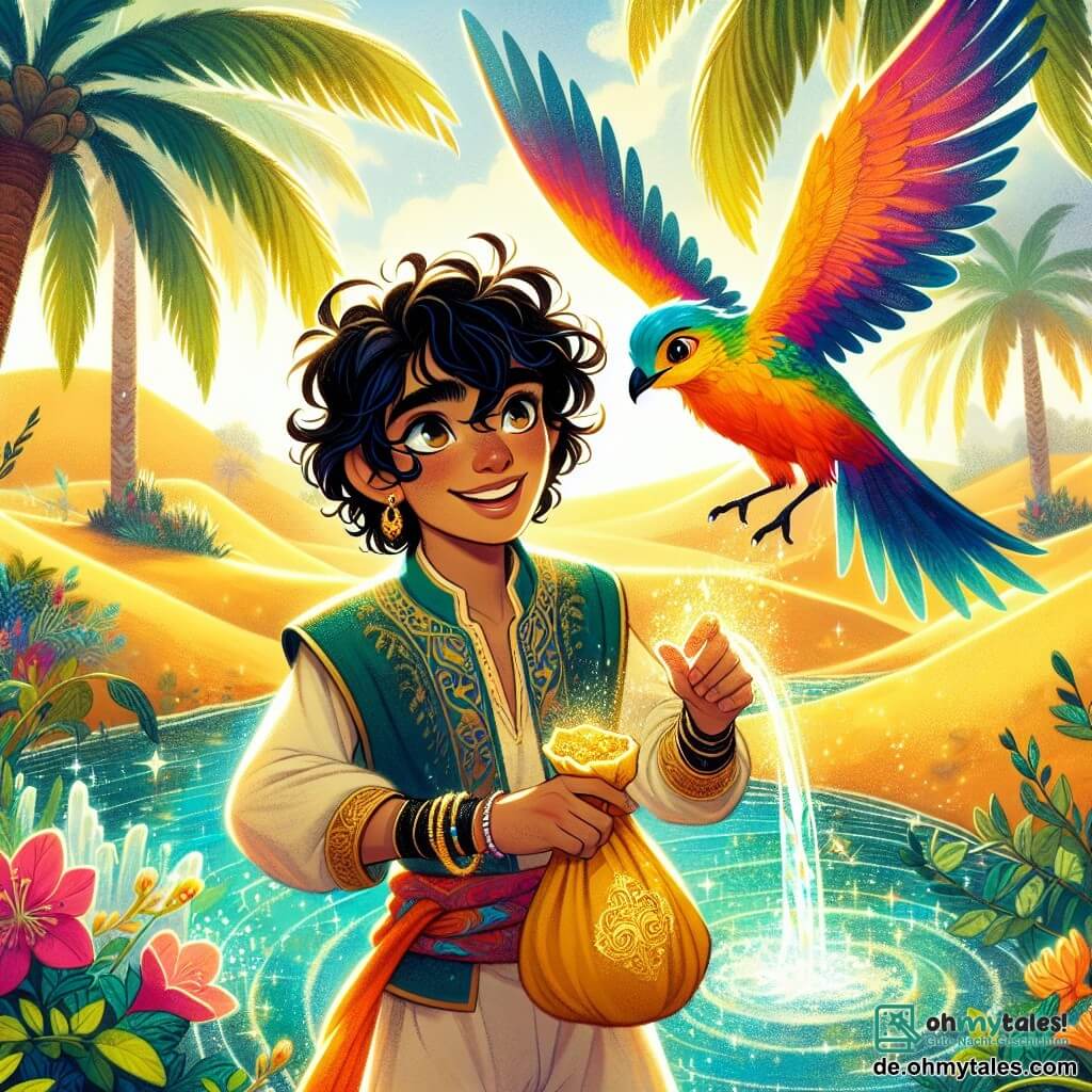 Aladdin, ein junger Mann mit schwarzen, lockigen Haaren, trägt eine bunte Tunika und leichte Hosen. Er hat ein hoffnungsvolles Lächeln und funkelnde Augen voller Entschlossenheit, während er einen kleinen Sack mit einem geheimnisvollen goldenen Samen in der Hand hält. Neben ihm fliegt Zazu, ein prächtiger Papagei mit bunten Federn, fröhlich um ihn herum und verleiht der Szene einen Hauch von Magie. Der Ort ist eine grüne Oase, umgeben von goldenen Sanddünen, mit majestätischen Palmen und strahlenden Blumen, die um eine kristallklare Wasserquelle blühen. Das Sonnenlicht spiegelt sich im Wasser und erzeugt funkelnde Lichtreflexe. Die Hauptsituation zeigt Aladdin, der neben der Quelle steht, bereit, den magischen Samen zu pflanzen, um seine Stadt zu retten, während Zazu ihn mit fröhlichen Schreien ermutigt. Die Atmosphäre ist voller Energie und Hoffnung und symbolisiert den Beginn eines großen Abenteuers zur Rettung der Natur.