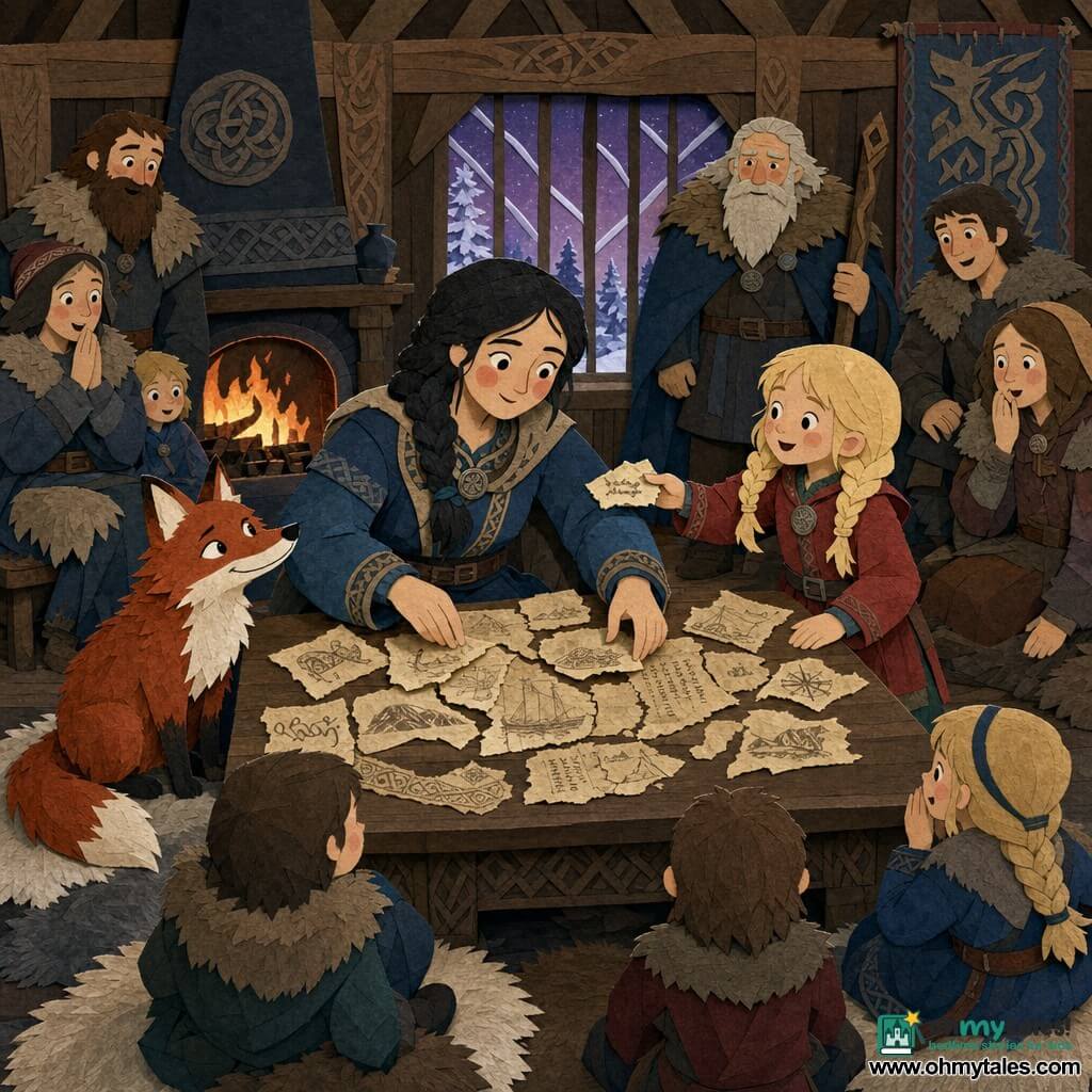Astrid, round-faced with braided black hair and rosy skin, gently arranges weathered parchment fragments on a large wooden table while nine-year-old Ingrid, blond in pigtails and a red coat, excitedly hands a small piece; a mischievous red fox sits at Astrid’s feet looking up. The warm interior of a Viking longhouse—dark wooden beams, a blazing hearth, animal skins and frost-patterned windows glowing with violet twilight—frames villagers gathered around the firelit table, children on skins and an elder standing in the back, as Astrid reunites the old scroll. Visual style: paper-cut, flat contrasting colors, visible paper textures, crisp silhouettes and soft outlines in a winter palette of cold blues, warm reds and wood browns.