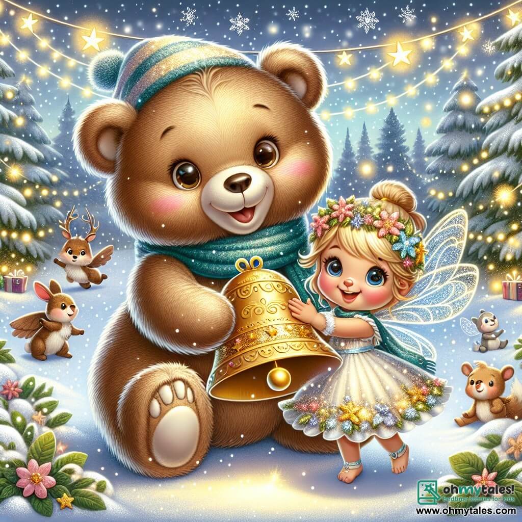 An illustration depicts a teddy bear with soft brown fur and sparkling joyful eyes, smiling widely while holding a large shiny bell, surrounded by a festive atmosphere. Next to him is a small fairy with shimmering wings, dressed in a gown made of flower petals, with golden hair that shines like stars. She smiles eagerly, ready to share the magic of Christmas. The setting is a snowy forest with trees covered in sparkling snow and twinkling garlands. Snowflakes gently fall, creating a magical ambiance. The main scene shows the bear and the fairy spreading Christmas magic, with stars shining around them and bursts of light illuminating the scene. Additional elements include woodland animals like rabbits and squirrels playing in the snow, along with children laughing in the distance, all united by the spirit of Christmas.