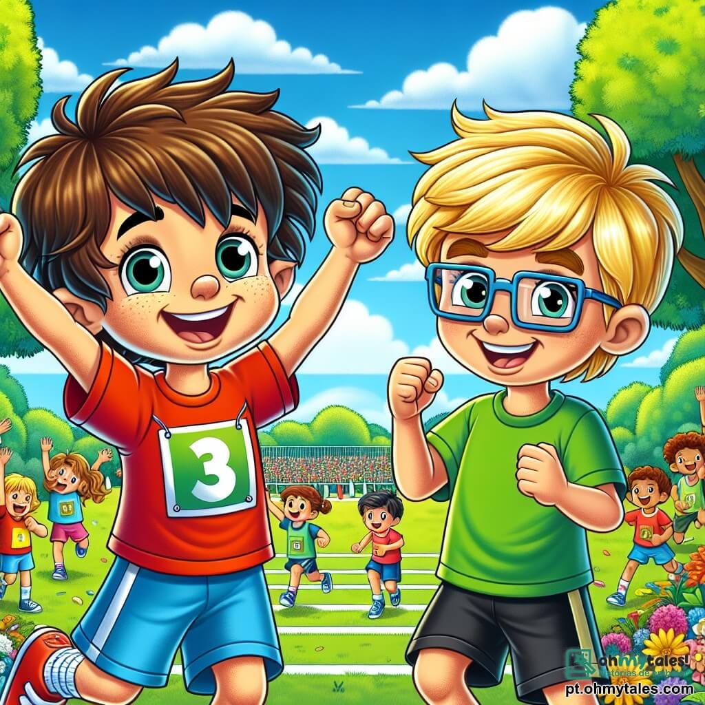 Um garoto de 8 anos, chamado João, está no centro da imagem, com cabelos castanhos bagunçados e um grande sorriso no rosto. Ele usa uma camiseta vermelha e um short azul, com os braços levantados em sinal de vitória, mostrando sua alegria e confiança após terminar uma corrida. À sua direita, seu melhor amigo Pedro, também um garoto de 8 anos, com cabelos loiros e óculos, aplaude entusiasticamente, vestindo uma camiseta verde e um short preto. Ao fundo, o parque de Alegria está cheio de flores coloridas e árvores majestosas, com crianças brincando e rindo ao redor. O céu está azul e ensolarado, acrescentando uma atmosfera alegre à cena. A situação principal mostra João e Pedro celebrando juntos após a corrida, cercados por outras crianças que os incentivam, ilustrando o tema da confiança em si mesmo e da amizade.