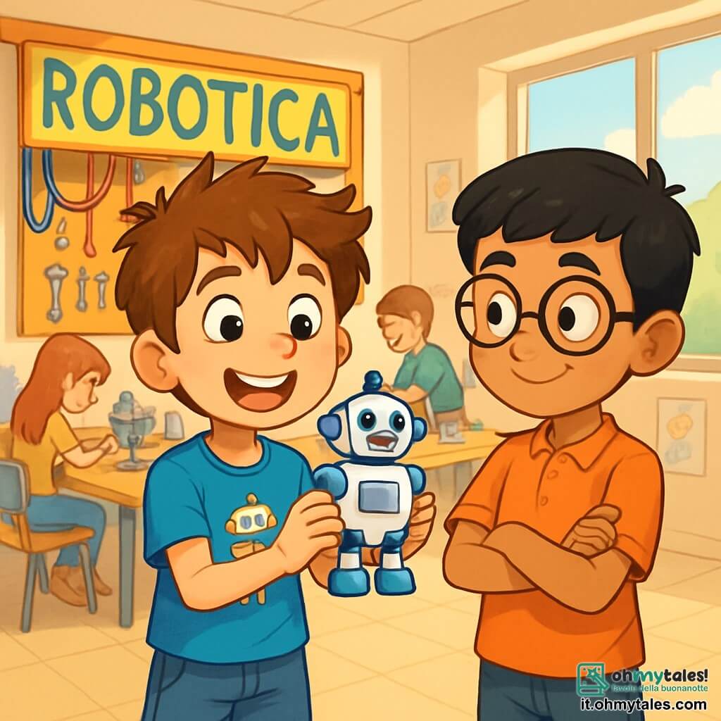 Un ragazzo di 10 anni, Davide, ha i capelli castani disordinati e occhi pieni di curiosità. Indossa una maglietta blu brillante con un motivo di robot e pantaloni corti di jeans. Sorride con entusiasmo, tenendo un piccolo robot di plastica in mano, come se avesse appena fatto una grande scoperta. Accanto a lui, Samir, un ragazzo di 10 anni con capelli neri e occhiali rotondi, guarda il robot con ammirazione, con le braccia incrociate e un sorriso complice. Sullo sfondo, un grande pannello colorato indica il laboratorio di robotica, pieno di fili colorati e strumenti brillanti, mentre bambini si affaccendano attorno a tavoli da lavoro. La scena si svolge in una stanza luminosa e accogliente, con finestre che lasciano entrare la luce del sole e disegni di bambini appesi alle pareti. Davide e Samir condividono il loro entusiasmo per la creazione di robot, circondati da un'atmosfera di gioia e amicizia.