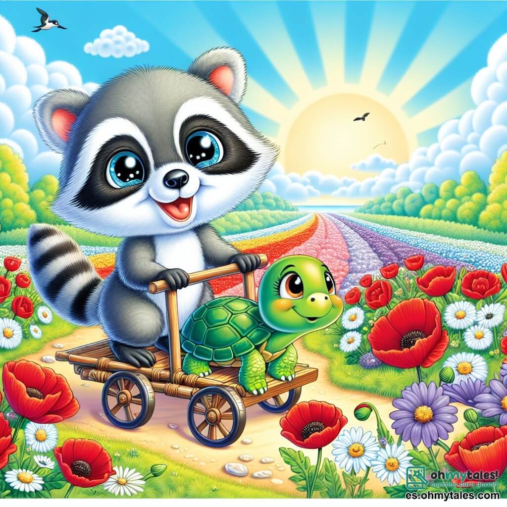 Un pequeño ratón llamado Miguel, con pelaje gris y ojos brillantes de curiosidad, está de pie sobre una pequeña carreta hecha de ramas y hojas, mostrando una gran sonrisa de emoción. Empuja la carreta con determinación, listo para la aventura. A su lado, una tortuga llamada Tina, con un caparazón verde y ojos dulces, mira a Miguel con admiración, con sus patas delanteras sobre la carreta, mostrando su entusiasmo por la exploración. Al fondo, un hermoso sendero de flores coloridas se extiende a lo lejos, con amapolas rojas, margaritas blancas y violetas moradas, mientras un cielo azul brillante ilumina la escena. La situación principal muestra a Miguel y Tina, listos para descubrir el mundo, rodeados de la belleza de la naturaleza, con un ambiente alegre y lleno de optimismo.
