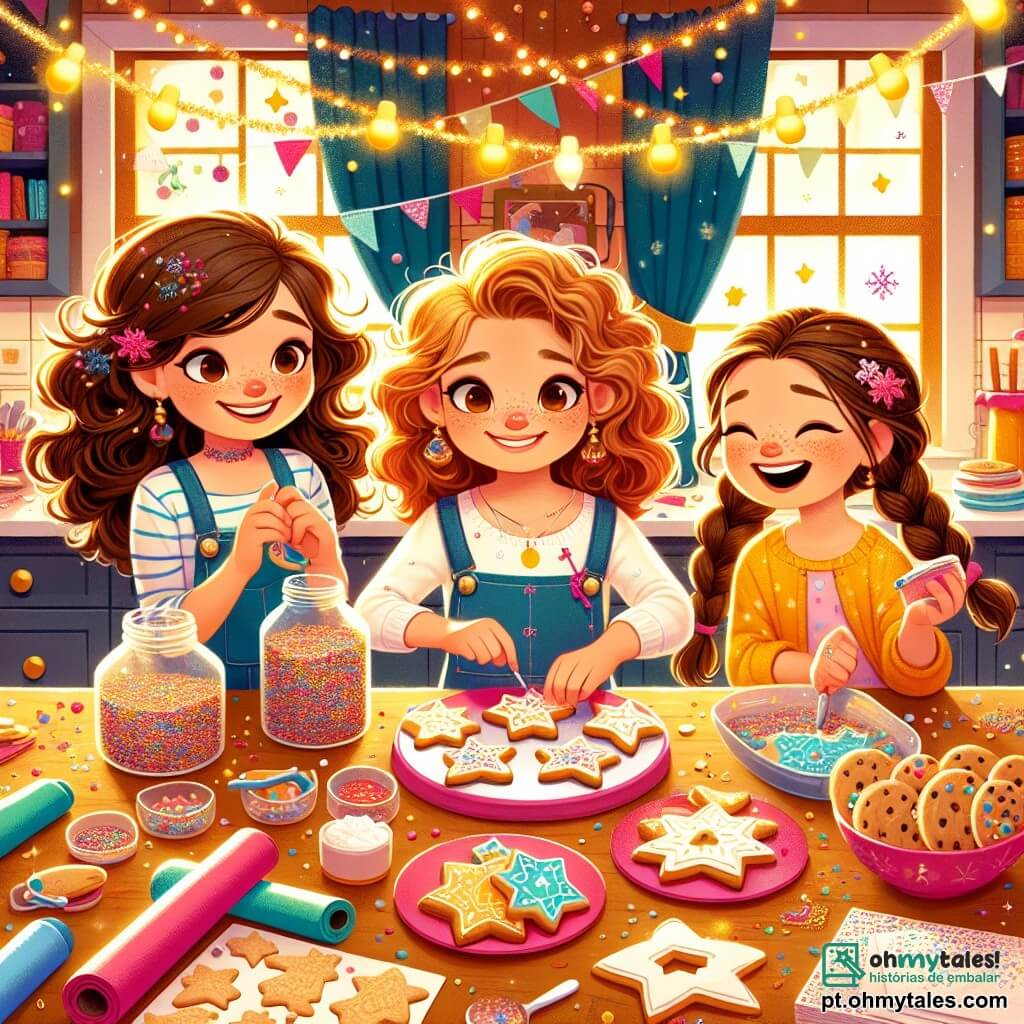 Três meninas de cinco anos, Ana, Beatriz e Clara, estão reunidas em uma cozinha acolhedora e colorida. Ana, com cabelos cacheados e um sorriso radiante, decora um biscoito em forma de estrela com glacê rosa. Beatriz, com cabelos loiros e olhos brilhantes, segura um pote de purpurina colorida, pronta para polvilhar em um biscoito em forma de floco de neve. Clara, com cabelos castanhos e tranças, ri alegremente enquanto segura um grande rolo de papel colorido para fazer convites. A cozinha está cheia de decorações de festa, com guirlandas brilhantes no teto e luzes coloridas. As três amigas estão se preparando para a festa de Ano Novo, rindo e se divertindo juntas, criando memórias inesquecíveis.