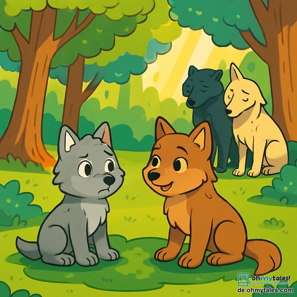 In einer sonnigen Lichtung im Wolkenwald sitzt ein kleiner Wolf namens Luno mit weichem grauem Fell und neugierigen Augen auf einem Teppich aus grünem Moos, besorgt, aber entschlossen. An seiner Seite schaut seine große Schwester Nira, eine hellbraune Wölfin mit funkelnden Augen, ihn unterstützend an, die Ohren leicht aufgerichtet, bereit zuzuhören. Im Hintergrund stehen ihre Eltern, ein schwarzer Wolf und eine cremefarbene Wölfin, in einiger Entfernung mit besorgten Gesichtern und gesenkten Augen, als ob sie über vergangene Streitigkeiten nachdenken. Die Lichtung ist von majestätischen Bäumen mit leuchtend grünen Blättern umgeben, und Sonnenstrahlen dringen durch das Blätterdach, was eine warme und beruhigende Atmosphäre schafft. Die Szene fängt den Moment ein, in dem Luno das Wort ergreift, um eine Familienbesprechung vorzuschlagen, was Hoffnung und Versöhnung symbolisiert.