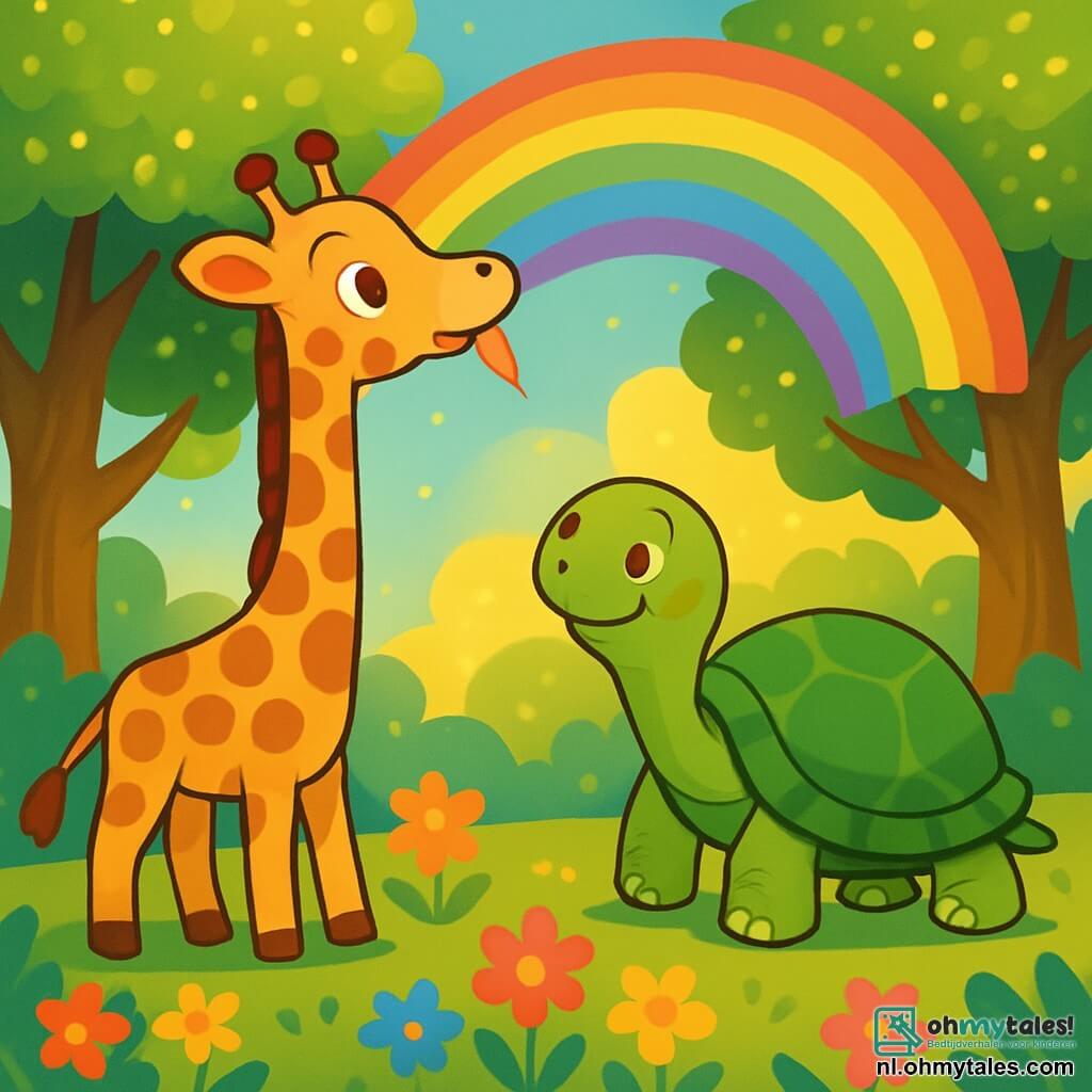 Een blije giraffe met een lange, gevlekte hals in bruin en crème, met sprankelende ogen van opwinding, staat in het midden van een betoverende open plek. Ze kijkt verwonderd naar een prachtige regenboog die boven haar een schitterend kleurenpalet vormt. Naast haar beweegt een oude, wijze schildpad met een groene schild en zachte ogen zich langzaam voort, terwijl hij de giraffe met een welwillende glimlach observeert. De plek is een magisch bos, met majestueuze bomen met glinsterende bladeren, stralende bloemen in alle kleuren en een gouden licht dat door de takken filtert. De giraffe, vol nieuwsgierigheid, strekt haar hals naar de regenboog, klaar om met haar neus de punt aan te raken, terwijl de schildpad haar aanmoedigt met een vriendelijke uitdrukking.