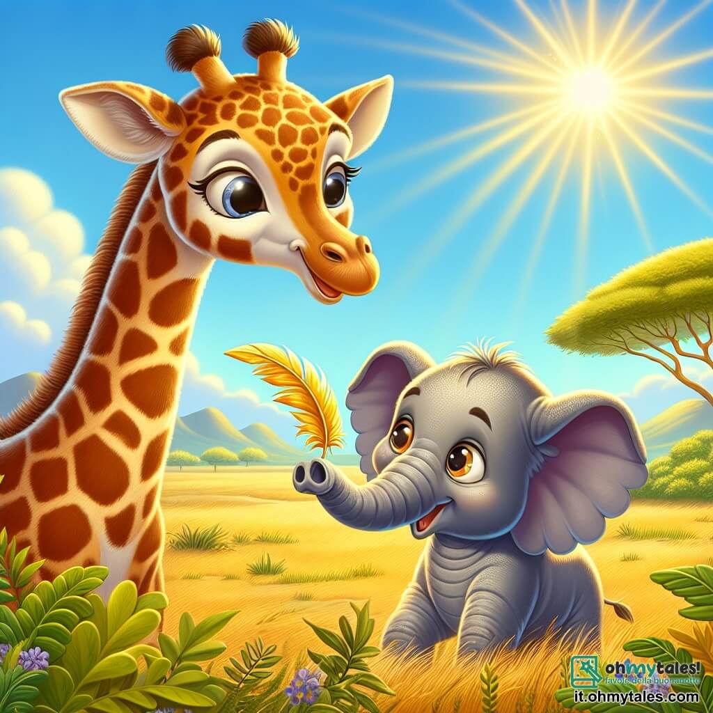 Una maestosa giraffa di nome Gina, con un lungo collo macchiato di marrone e arancio, si erge nella savana, con un sorriso dolce e curioso sul volto. I suoi grandi occhi brillano di eccitazione mentre tiene delicatamente una piuma dorata tra le zampe anteriori. Accanto a lei, un piccolo elefante di nome Elio, con la pelle grigia e grandi orecchie, guarda la piuma con meraviglia, i suoi occhi scintillanti di gioia. Lo scenario è una vasta savana soleggiata, punteggiata di erbe alte e alcuni alberi con foglie verde brillante, sotto un cielo blu splendente. La scena principale mostra Gina ed Elio, uniti nella loro ricerca per ritrovare il proprietario della piuma dorata, condividendo un momento di amicizia e avventura sotto il sole radioso.