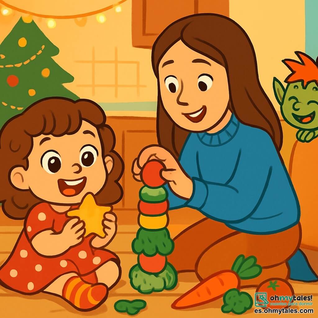 Una niña de 4 años, con grandes ojos brillantes y cabello rizado castaño, sonríe con asombro mientras sostiene una galleta en forma de estrella. Lleva un vestido rojo con lunares blancos y calcetines rayados, sentada en el suelo de madera de la cocina. A su lado, su mamá, una mujer de unos 30 años con cabello largo y liso, sonríe cálidamente, vestida con un suéter de lana azul y pantalones cómodos. Está agachada, ayudando a su hija a construir una torre de verduras coloridas. La escena se desarrolla en una cocina acogedora, decorada con guirnaldas de Navidad brillantes y un gran árbol iluminado al fondo. Verduras frescas, como zanahorias naranjas y brócoli verde, están esparcidas sobre la mesa de madera. La situación principal muestra a la niña y su mamá riendo juntas, rodeadas de verduras, mientras un duende travieso con cabello despeinado y piel verde, escondido detrás de un cojín, las observa riendo suavemente, listo para hacer una nueva broma.