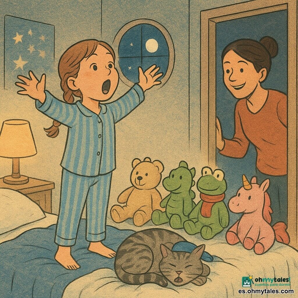 Niña de 10 años, alegre, cabello castaño claro en trenza, ojos risueños, en pijama de rayas azules, de pie en la cama imitando el ulular de un búho con la boca en "O" y los brazos en alto; gato adulto llamado Cosmo, gris atigrado con un improvisado "lazo" azul (un viejo zapatito), acurrucado en una manta junto a los pies, medio dormido y divertido; madre de unos 35 años, con el pelo en moño y sonrisa tierna, apoyada en el marco de la puerta observando; varias peluches coloridas en fila (oso beige, pequeño dragón verde, rana con bufanda roja y unicornio rosa) como público; habitación pequeña y acogedora iluminada por una lámpara de noche y la luna que entra por una ventana redonda, edredón blanco y azul arrugado, pósters de estrellas y alfombra mullida; escena principal: espectáculo nocturno y divertido — la niña lidera un "festival de búhos" ululando hacia la ventana, las peluches aplauden desordenadas, Cosmo bosteza y la madre sonríe en un ambiente cálido y humorístico.