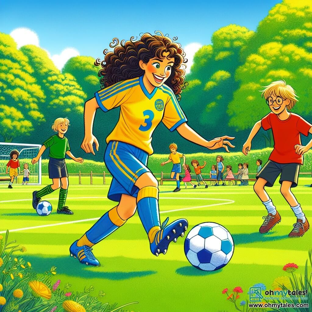 Mia, an athletic woman with long curly hair, wears a bright yellow soccer uniform with blue stripes. She has a big smile on her face, showing her joy and enthusiasm as she dribbles the ball on the field. Max, an 8-year-old boy with messy brown hair and glasses, sits on the edge of the field, watching Mia with admiration. He wears a red t-shirt and black shorts, ready to play but a little nervous. The setting is a sunny park with a large green soccer field surrounded by flowering trees and colorful flowers. Children play in the background, laughing and having fun under a clear blue sky. The main scene shows Mia teaching Max how to dribble the ball, creating a joyful and friendly atmosphere that illustrates teamwork and learning soccer.