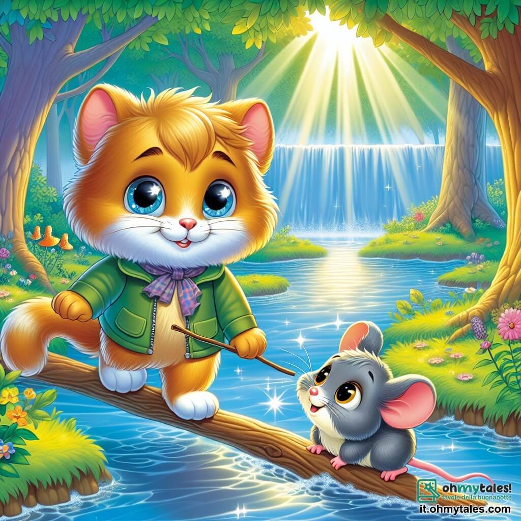 Un piccolo gatto di nome Micio, con un pelo morbido e dorato e occhi brillanti come stelle, si trova sul bordo di un ruscello scintillante, mostrando un'espressione di curiosità ed eccitazione. Accanto a lui, un piccolo topolino, con un pelo grigio e occhi rotondi, guarda Micio con ammirazione, un sorriso riconoscente sul volto. Sullo sfondo, si estende una foresta incantata, piena di alberi maestosi con foglie verdi brillanti, fiori colorati e raggi di sole che filtrano attraverso i rami. Micio aiuta il piccolo topolino ad attraversare il ruscello, usando un bastone come ponte, illustrando un momento di cameratismo e gentilezza in un ambiente magico.
