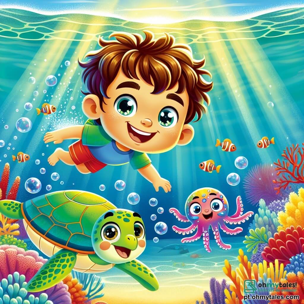 Um menino de 4 anos, Miguel, com cabelo castanho bagunçado e olhos brilhantes de curiosidade, nada alegremente na água clara, com um grande sorriso no rosto. Ele usa uma touca de peixinho colorida que flutua ao seu redor, e seus braços estão abertos, como se quisesse abraçar o mundo subaquático. Ao seu lado, uma tartaruga marinha chamada Tarta, com uma carapaça verde e olhos suaves, nada lentamente, parecendo amigável e protetora. Um pouco mais longe, um pequeno polvo chamado Polvinho, com tentáculos rosas e olhos travessos, faz bolhas enquanto brinca, acrescentando alegria à cena. O fundo da ilustração mostra um recife de coral vibrante, cheio de corais vermelhos, amarelos e roxos, e peixes coloridos nadando ao redor, criando uma atmosfera mágica e viva. A luz do sol filtra através da água, iluminando a paisagem subaquática com reflexos cintilantes. A cena principal mostra Miguel, Tarta e Polvinho explorando juntos, com expressões de alegria e admiração, descobrindo as maravilhas do oceano enquanto buscam o caminho de volta à superfície.