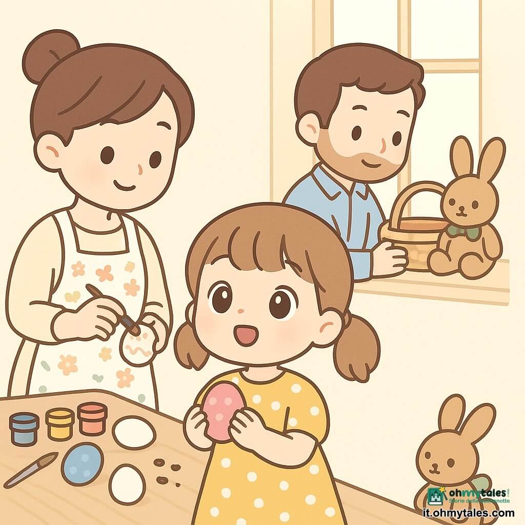 Una bambina di circa 6 anni, gioiosa e meravigliata, capelli castano chiaro in due codine, occhi grandi e brillanti, vestito giallo a pois bianchi, tiene un uovo dipinto di rosa; la madre sulla sinistra, sui trent'anni, sorridente con capelli raccolti e grembiule a fiori, dipinge un altro uovo; il padre sui trent'anni, calmo con barba lieve e camicia blu, posa un piccolo cesto di vimini sul davanzale; un coniglietto di peluche marrone chiaro con nastro verde è vicino al cesto; cucina illuminata dalla luce mattutina, pareti crema, tavolo in legno chiaro con ciotole di pittura vivaci, pennelli, gusci d'uovo e briciole di cioccolato sparse; la bambina nota una scia di briciole di cioccolato sul tavolo e guarda verso la finestra, sorpresa e pronta a seguire il percorso come una mini caccia al tesoro di Pasqua.