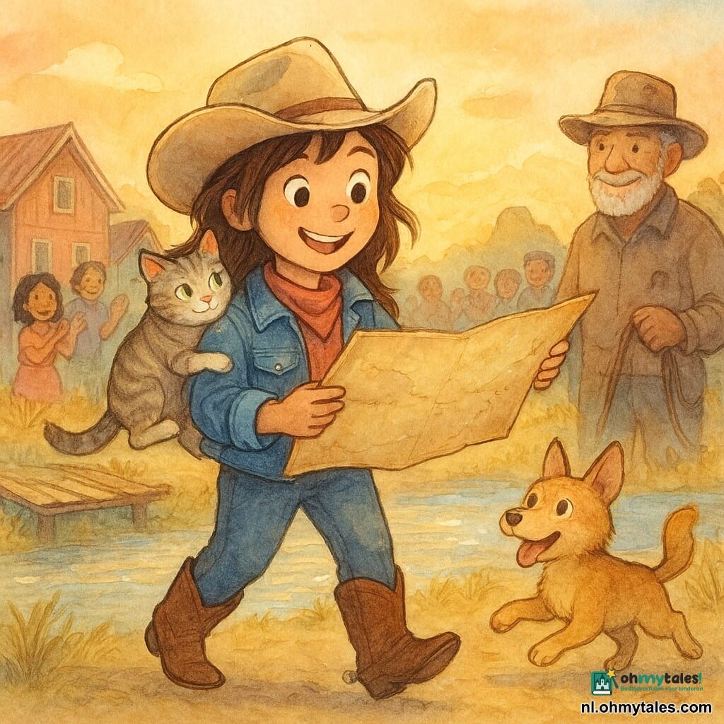 Rosie, een meisje van ongeveer 12, blij en trots, bruin haar onder een beige cowgirlhoed, spijkerjasje en bruine laarzen, houdt een vergeelde open kaart; Jack, een klein prairiehondje (reu), springt naast haar bij haar rechtervoet naar de kaart; Dotje, een klein gestreept grijs‑wit poesje, zit tegen haar linkerschouder aan; meneer Sam, ongeveer 70, gerimpeld gezicht en korte witte baard, versleten hoed, glimlacht op afstand terwijl hij de teugel van zijn paard Zilver buiten beeld vasthoudt; locatie: klein dorpsplein aan een rivier bij zonsondergang met gekleurde houten huizen, gouden droge grassprietjes, een glinsterende rivier en een oud gebroken houten bruggetje links; situatie: Rosie toont de complete kaart trots, een omgekeerde metalen emmer lekt een dun stroompje water uit een gat, lachende dorpelingen klappen op de achtergrond, warme heldhaftige sfeer in zachte aquarelkleuren met witte glansaccenten op het water en de hoed.