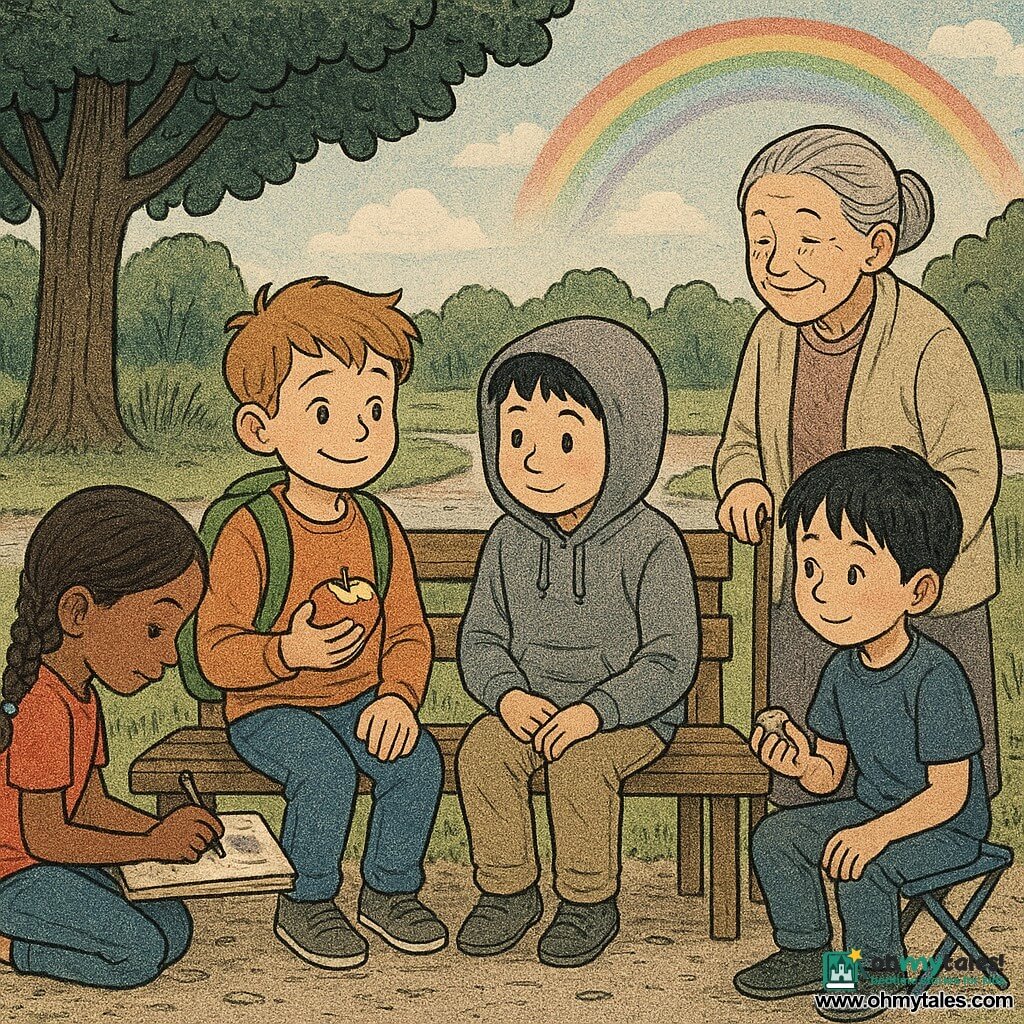 An 8-year-old boy, Sam, smiling and attentive with light brown hair and a cowlick, wearing a small green backpack and holding a halved apple, sits on a worn wooden bench with a warm, relaxed expression; Jonah, about 8, shy but happy in a gray hoodie with a hole in the sleeve, sits beside him swinging his feet; Mia, about 7, lively and focused with colorful braids, kneels left of the bench drawing in a small sketchbook; Mrs. Rivera, about 60, smiling and gentle with gray hair in a bun, leans on a cane with a grocery bag standing behind the bench at right watching the children kindly; Arlo, about 9, shy and awed with black hair still wet from the rain, holds a smooth stone while sitting on a blue folding chair at the end of the bench; setting: an urban park with a large elm with dark green leaves, gravel path, silver puddles, reedbeds, a small pond with ducks and a bright rainbow after the rain; scene: children and the woman gathered around the bench with the added blue chair, soft warm mood, water droplets sparkling on the wood, pastel-saturated colors, newspaper-print textures, composition centered on the bench and expressive faces.
