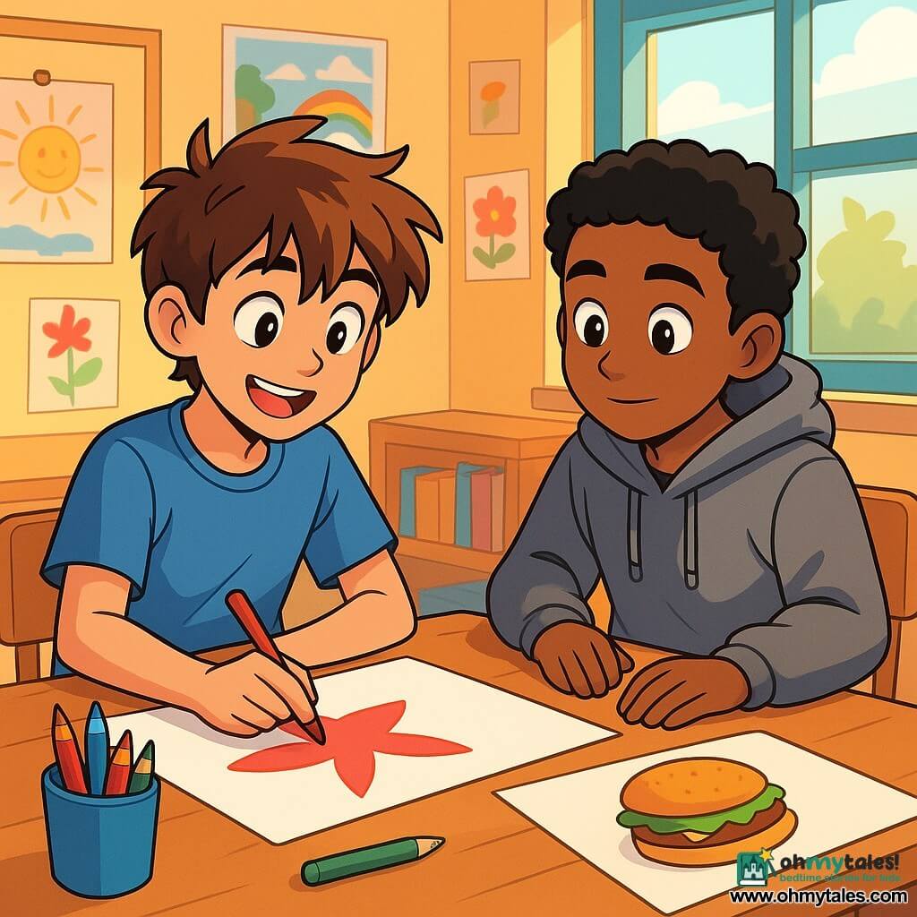 A 12-year-old boy, Max, with messy brown hair and sparkling curious eyes, joyfully smiles as he draws on a large sheet of paper. He wears a blue t-shirt and beige shorts, sitting at a wooden table in a bright classroom filled with vibrant colors. Next to him, Samir, a 12-year-old boy with curly black hair and olive skin, attentively watches Max's drawing, his face showing a mix of wonder and concentration. He wears a gray hoodie and black pants, hands resting on the table, ready to draw a burger. In the background, the classroom is decorated with colorful posters and children's drawings, with windows allowing sunlight to stream in, creating a warm and welcoming atmosphere. The main scene shows Max and Samir collaborating on a class project, united by their creativity and budding friendship, illustrating the theme of tolerance and acceptance of differences.