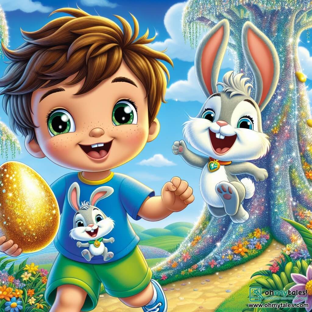 A 4-year-old boy named Timmy, with messy brown hair and sparkling joyful eyes, stands at the top of a large shimmering tree, holding a shiny golden egg in his small hands. He wears a blue t-shirt with a bunny pattern and green shorts, displaying a big excited smile. Next to him, Benny, an adorable rabbit with big ears and white fur, joyfully hops, his eyes sparkling with mischief. Below the tree, a friendly fish named Finny, with shimmering scales and colorful fins, watches them with an encouraging smile, ready to help in their adventure. The setting is an enchanting landscape of Bunnyland, filled with bright flowers, fields of colorful eggs, and a clear blue sky dotted with fluffy clouds. The scene exudes a magical and joyful atmosphere, full of light and vibrant colors. The main situation shows Timmy and Benny celebrating their discovery of the Golden Egg, surrounded by the fairy-tale beauty of Bunnyland, with colorful confetti falling around them, symbolizing the magic and joy of Easter.