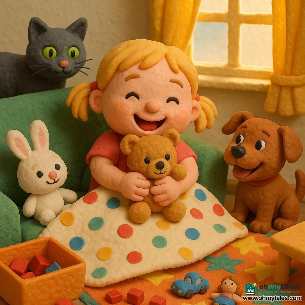 A joyful, relieved 2-year-old girl with a round face, rosy cheeks and blonde pigtails hugs a light-brown teddy as it emerges from under a polka-dot blanket; a gray cat named Fluffy with green eyes sits on the left of the sofa watching, a brown dog named Buddy wags his tail by the coffee table on the right, and a white plush bunny called Bunny lies near the teddy, all in a bright living room with a colorful star rug, an open toy box with scattered toys, a green sofa and a yellow-curtained window letting in sunlight — the warm, secure scene of the girl's happy discovery.