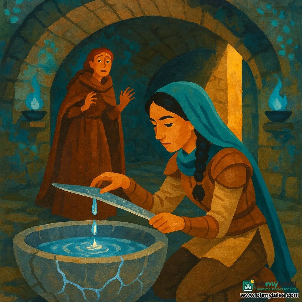Knight woman (Samira), ~22, calm and determined, kneeling before a cracked stone basin, gently placing a polished steel flat blade over the crack like a bridge, light brown leather armor and teal veil, black hair braided, focused on the rising water; lookout woman (Zahra), ~25, surprised and relieved, dry-leaf colored cloak, braided hair with copper rings, standing a few steps back by a wall, hands half-raised as if holding back magic, eyes on the fountain; underground chamber beneath an old stone bridge, cut stone covered in pale blue glowing moss, blue-flame lamps on shelves, silver fissures in the basin like moon-dust, a thin shaft of golden light; main situation: the fountain slowly fills, droplets bead on the guiding blade, silver dust swirls in calm ribbons, atmosphere of quiet tension and subtle miracle.