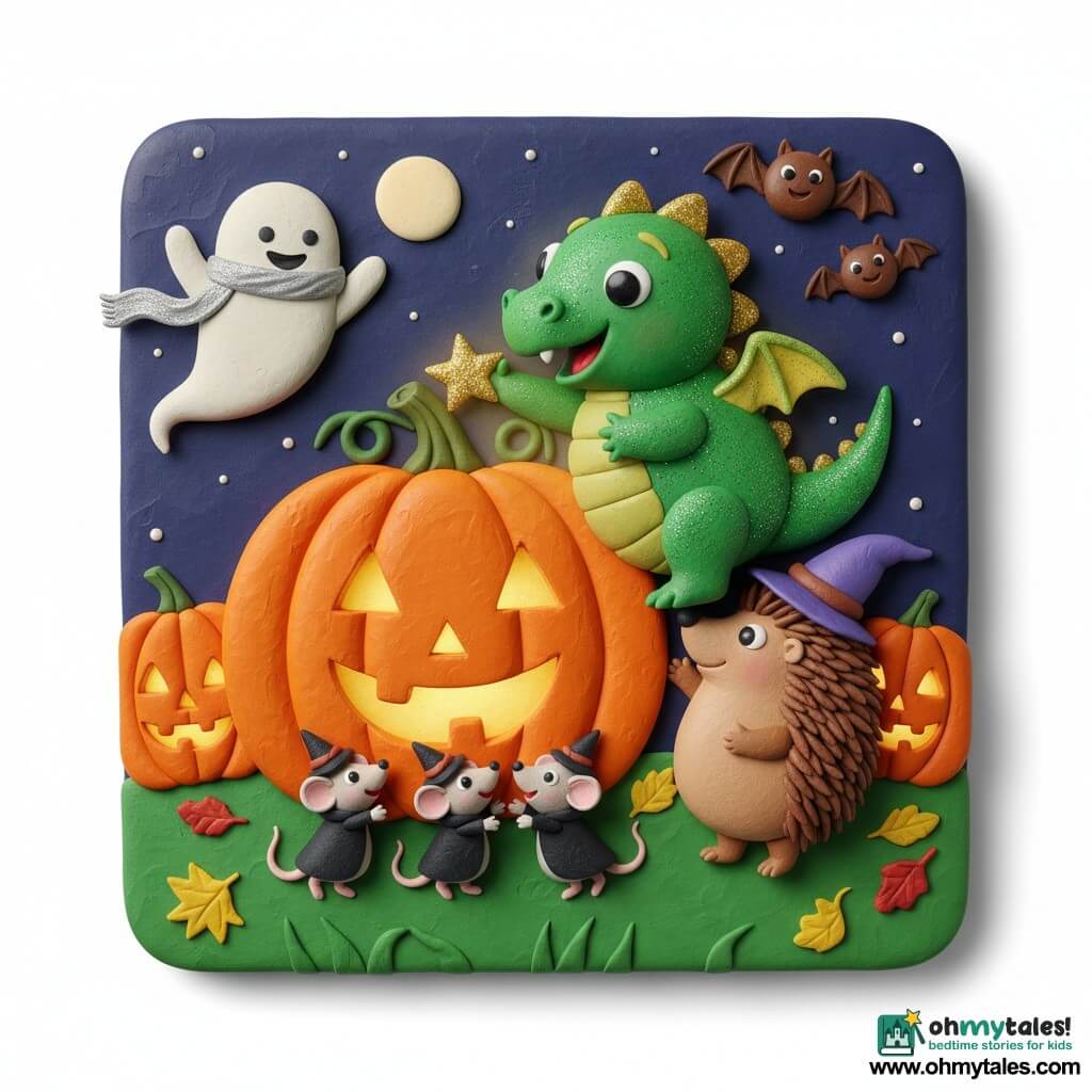 A small glittery green modeling-clay dragon with shiny round eyes smiles proudly as it sticks a small golden star onto a huge orange pumpkin; a chubby brown clay hedgehog in a purple wizard hat supports it with a paw, three light-gray mice dressed as tiny witches form a little ladder against the pumpkin, a friendly translucent white ghost waves a silver scarf at left, smiling bats flutter upper right, all in a patch of carved pumpkins with yellow and red dry leaves and flattened green grass under a dark blue night sky with a pale moon and dotted stars; the scene is a cozy, collaborative Halloween moment with bright colors, rounded shapes, visible clay texture, and the pumpkin beginning to emit a soft golden glow.